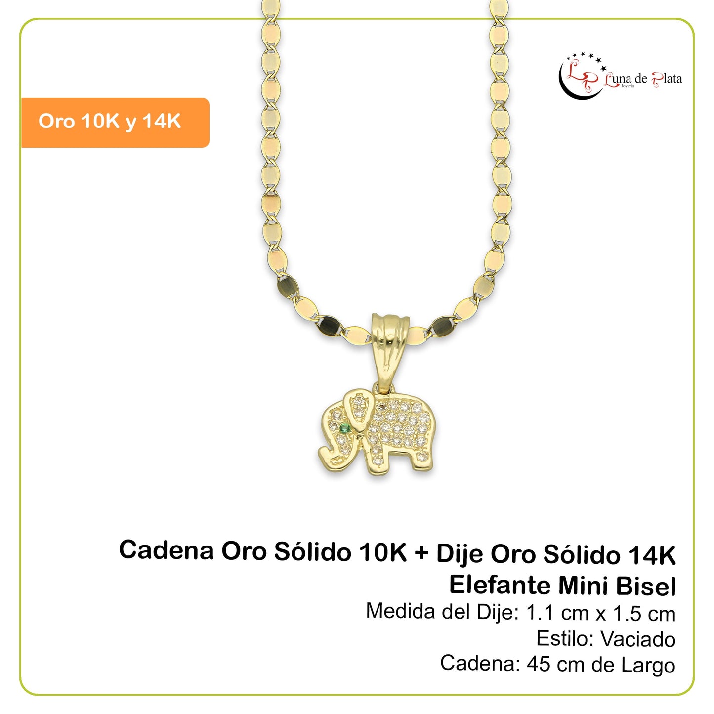 NR14DP039 Cadena Oro Sólido 10K + Dije Oro Sólido 14K Elefante Mini Bisel 1.1 cm x 1.5 cm