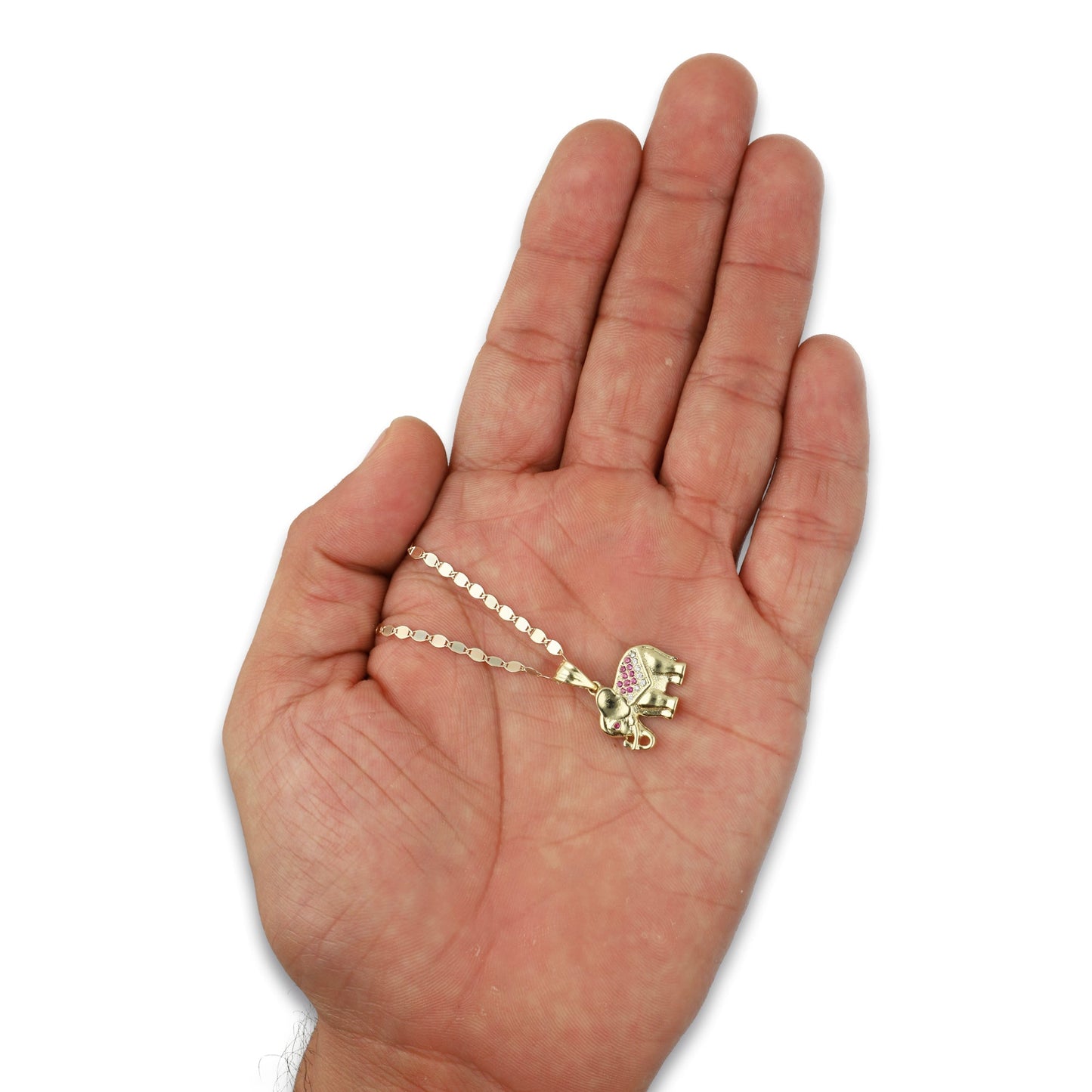 NR14DP040 Cadena Oro Sólido 10K + Dije Oro Sólido 14K Elefante Manto Zirconias Rojas 1.7 cm x 2 cm