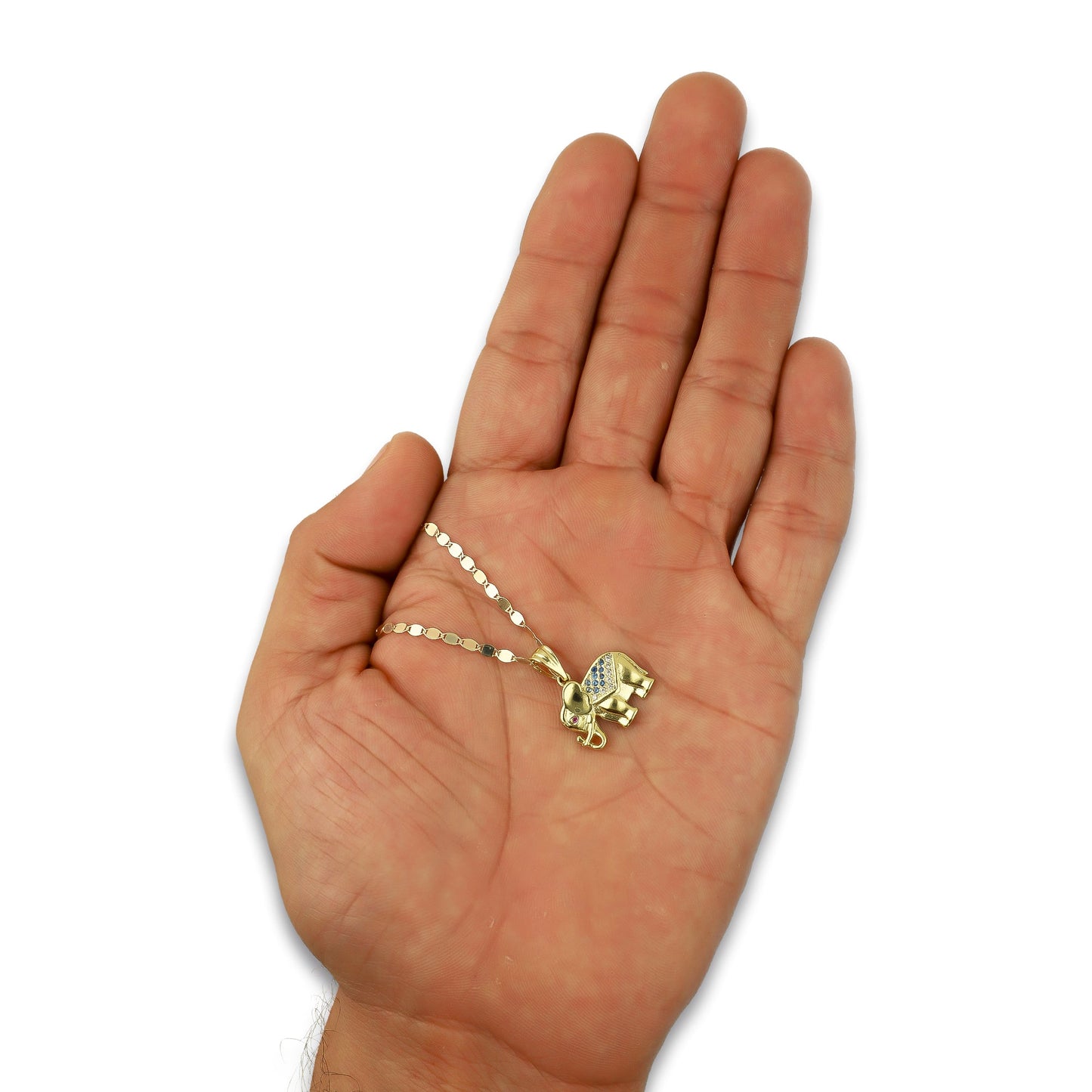 NR14DP041 Cadena Oro Sólido 10K + Dije Oro Sólido 14K Elefante Manto Zirconias Verdes 1.7 cm x 2 cm