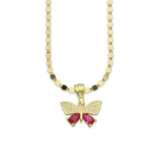 NR14DP042 Cadena Oro Sólido 10K + Dije Oro Sólido 14K Mariposa 2 P Gota 1.4 cm x 1.5 cm