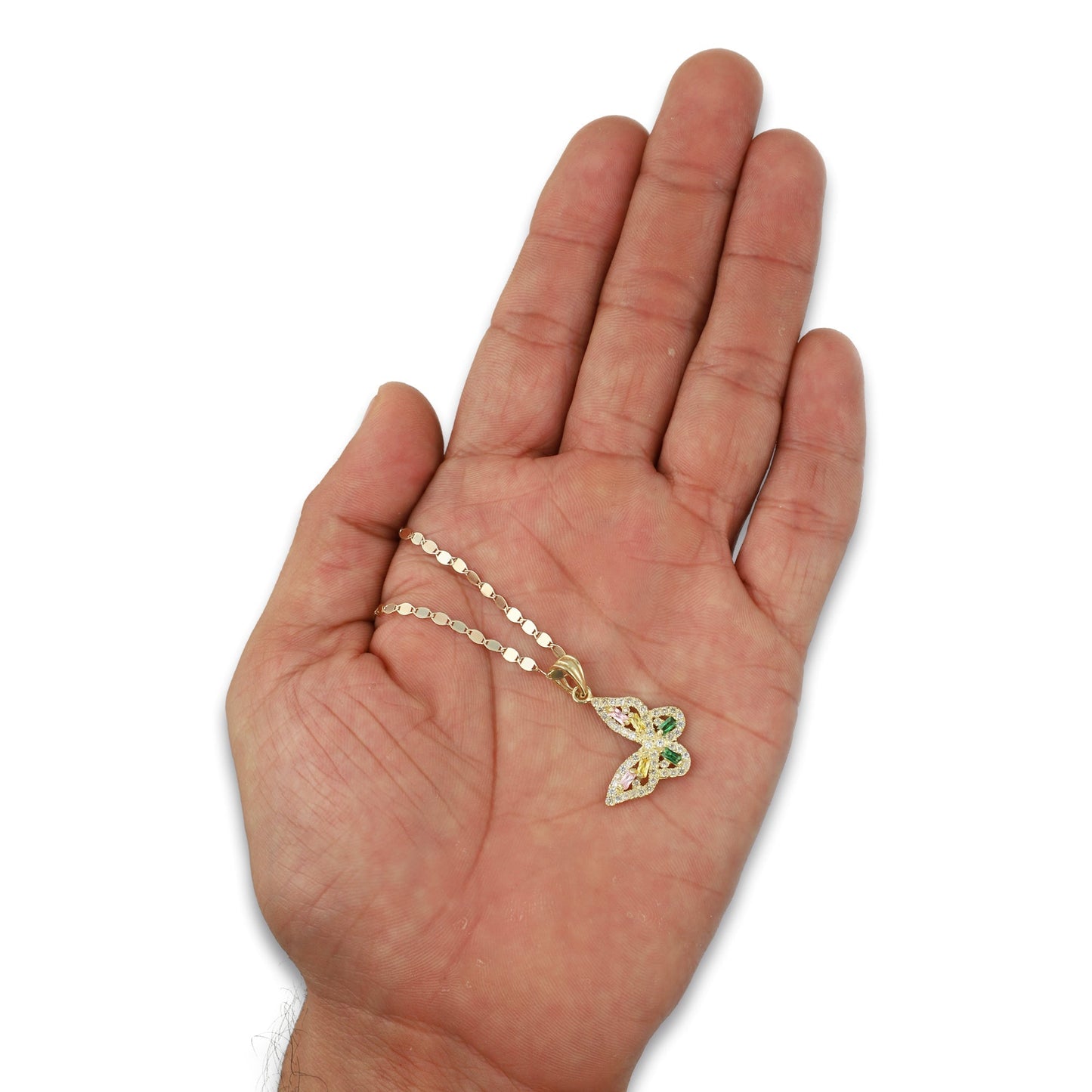 NR14DP043 Cadena Oro Sólido 10K + Dije Oro Sólido 14K Mariposa Baguette Multicolor 1.9 cm x 2.6