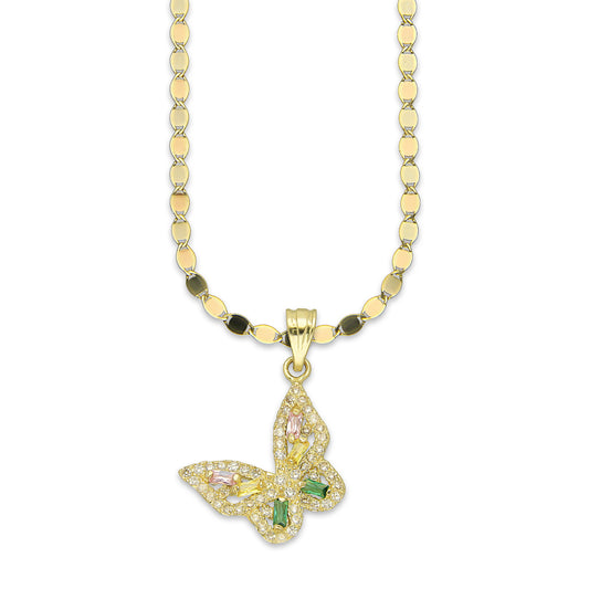 NR14DP043 Cadena Oro Sólido 10K + Dije Oro Sólido 14K Mariposa Baguette Multicolor 1.9 cm x 2.6
