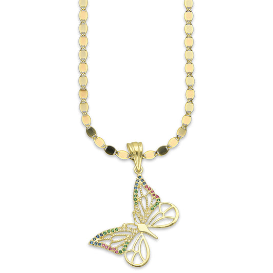 NR14DP044 Cadena Oro Sólido 10K + Dije Oro Sólido 14K Mariposa Calada Multicolor Grande 2.8 cm x 3.8 cm