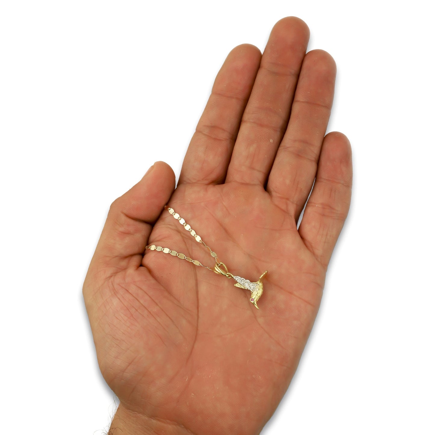 NR14DP045 Cadena Oro Sólido 10K + Dije Oro Sólido 14K Colibrí Alas Blancas 1.5 cm x 2.1 cm