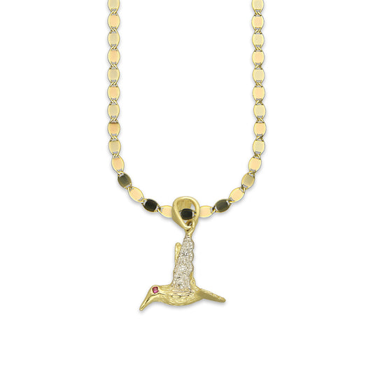 NR14DP045 Cadena Oro Sólido 10K + Dije Oro Sólido 14K Colibrí Alas Blancas 1.5 cm x 2.1 cm