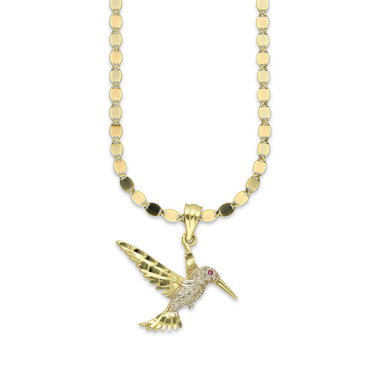 NR14DP047 Cadena Oro Sólido 10K + Dije Oro Sólido 14K Colibrí Alas y Cola Diamantada Blanco 2.5 cm x 2.5 cm