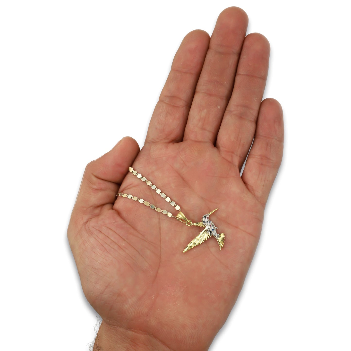 NR14DP048 Cadena Oro Sólido 10K + Dije Oro Sólido 14K Colibrí Alas y Cola Diamantada Multicolor 2.5 cm x 2.5 cm