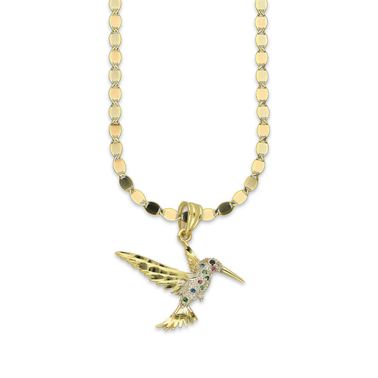 NR14DP048 Cadena Oro Sólido 10K + Dije Oro Sólido 14K Colibrí Alas y Cola Diamantada Multicolor 2.5 cm x 2.5 cm