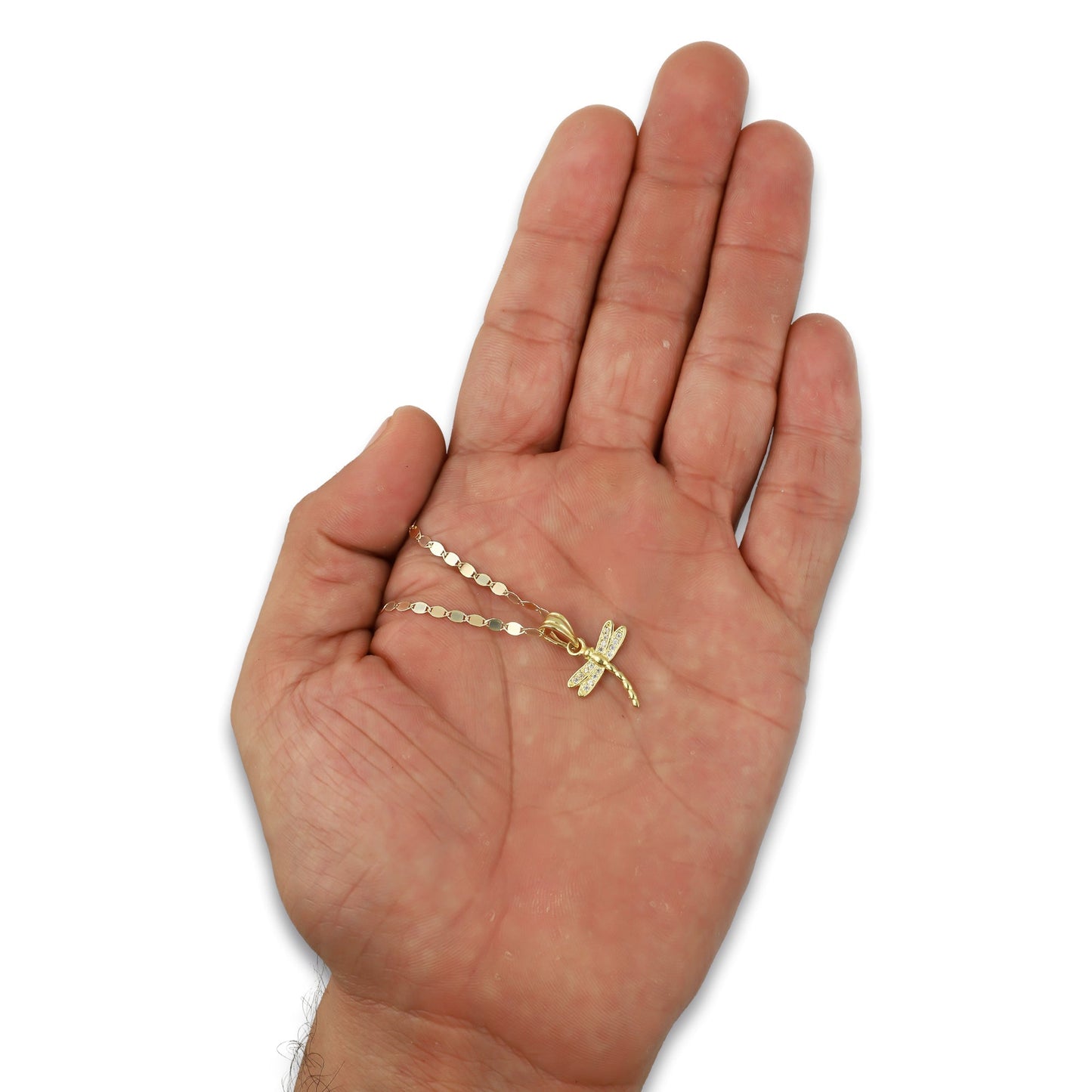 NR14DP049 Cadena Oro Sólido 10K + Dije Oro Sólido 14K Libélula con Zirconias 1.3 cm x 2 cm
