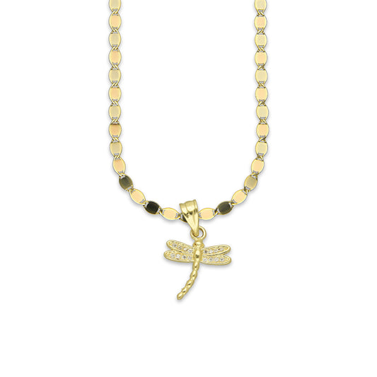 NR14DP049 Cadena Oro Sólido 10K + Dije Oro Sólido 14K Libélula con Zirconias 1.3 cm x 2 cm
