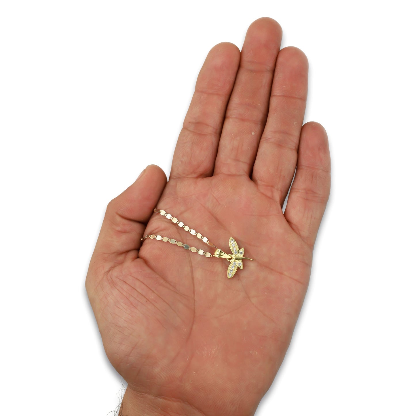 NR14DP050 Cadena Oro Sólido 10K + Dije Oro Sólido 14K Libélula Centro Liso con Zirconias 1.7 cm x 1.7 cm