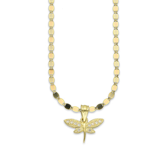 NR14DP050 Cadena Oro Sólido 10K + Dije Oro Sólido 14K Libélula Centro Liso con Zirconias 1.7 cm x 1.7 cm