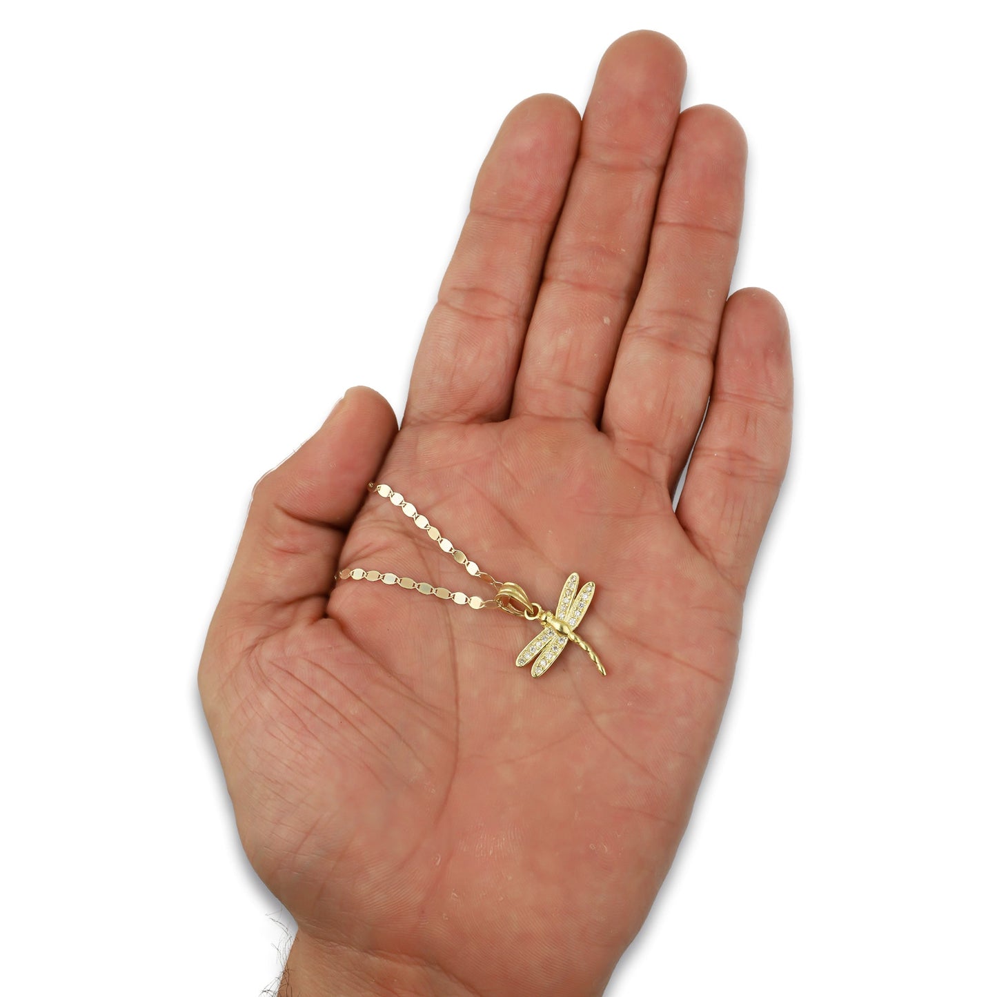 NR14DP051 Cadena Oro Sólido 10K + Dije Oro Sólido 14K Libélula con Zirconias Mediana 2 cm x 2.2 cm