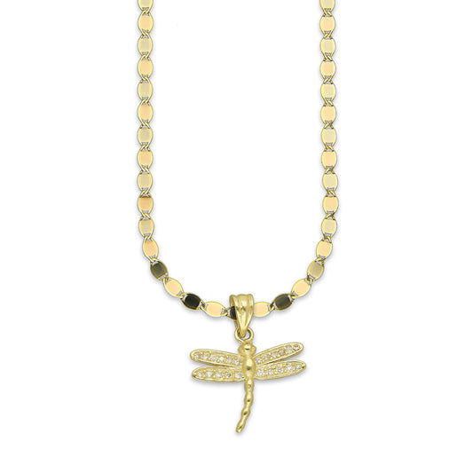 NR14DP051 Cadena Oro Sólido 10K + Dije Oro Sólido 14K Libélula con Zirconias Mediana 2 cm x 2.2 cm