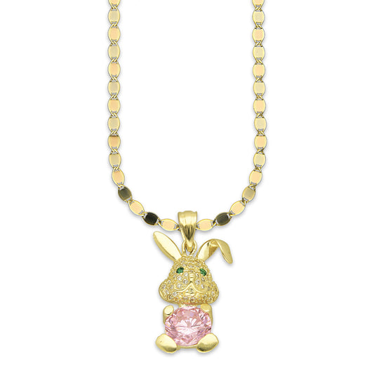 NR14DP053 Cadena Oro Sólido 10K + Dije Oro Sólido 14K Conejo con Zirconia en la Panza 1.4 cm x 2.7 cm