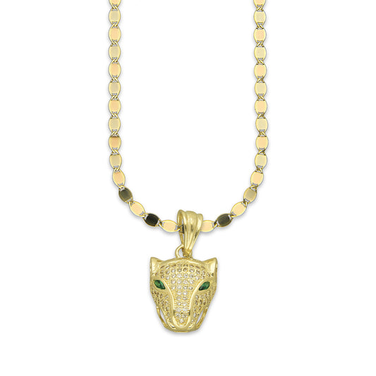 NR14DP055 Cadena Oro Sólido 10K + Dije Oro Sólido 14K Cara de Pantera Pavé 1.3 cm x 2.5 cm