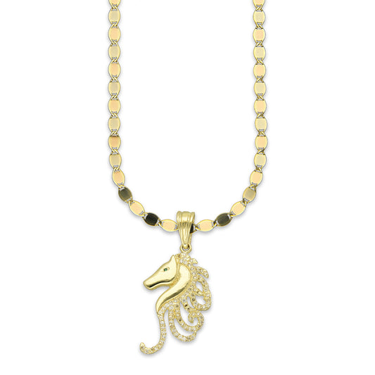 NR14DP057 Cadena Oro Sólido 10K + Dije Oro Sólido 14K Cabeza Caballo Crin con Zirconias 1.7 cm x 3.5 cm