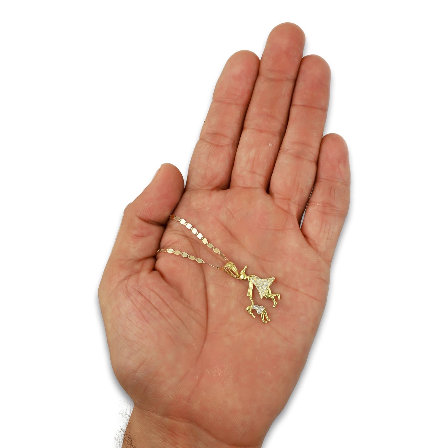 NR14DP058 Cadena Oro Sólido 10K + Dije Oro Sólido 14K Madre e Hija Jugando 1.8 cm x 2.5 cm