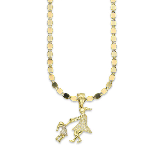 NR14DP058 Cadena Oro Sólido 10K + Dije Oro Sólido 14K Madre e Hija Jugando 1.8 cm x 2.5 cm