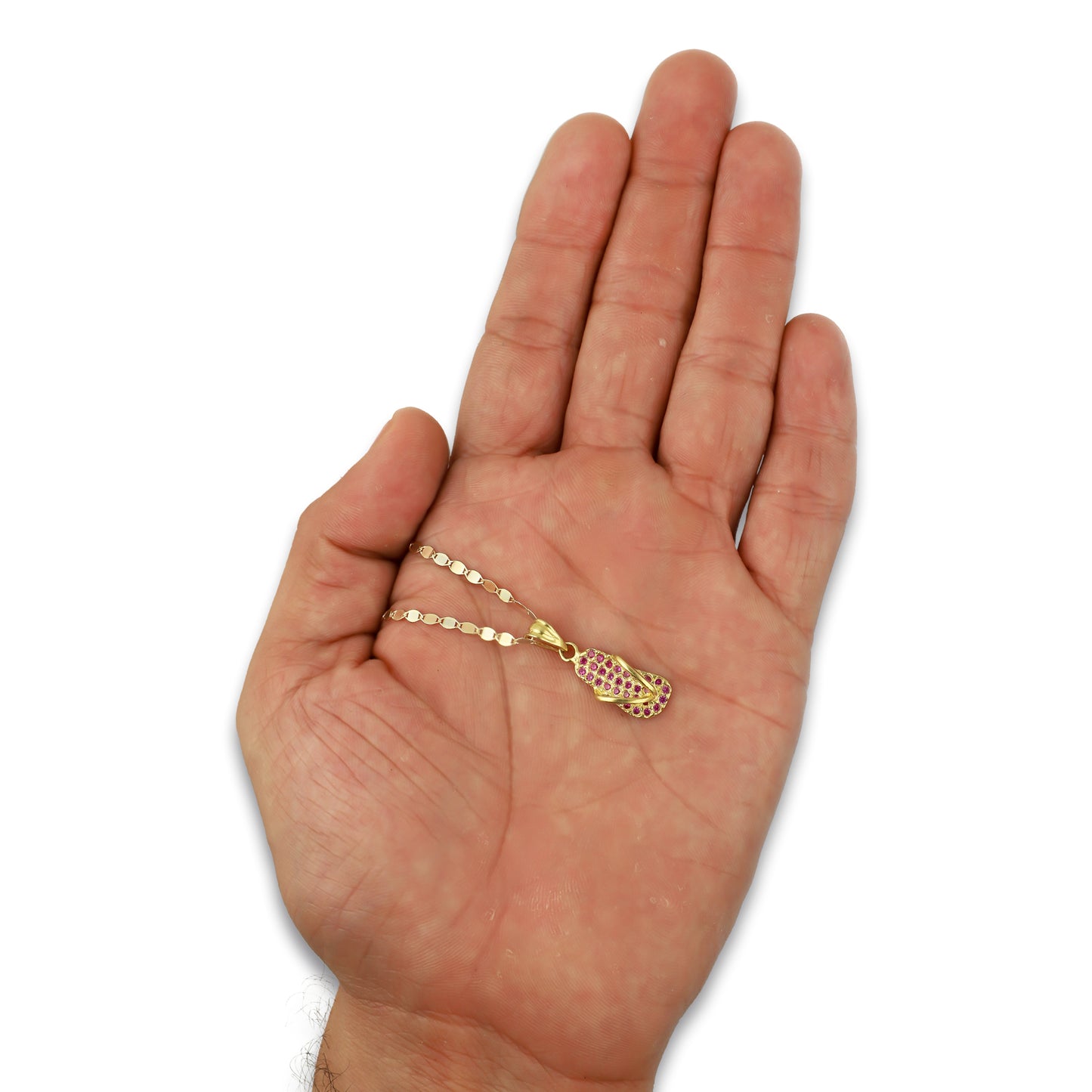 NR14DP061 Cadena Oro Sólido 10K + Dije Oro Sólido 14K Chanclita con Zirconias Rojas .9 cm x 2.5 cm