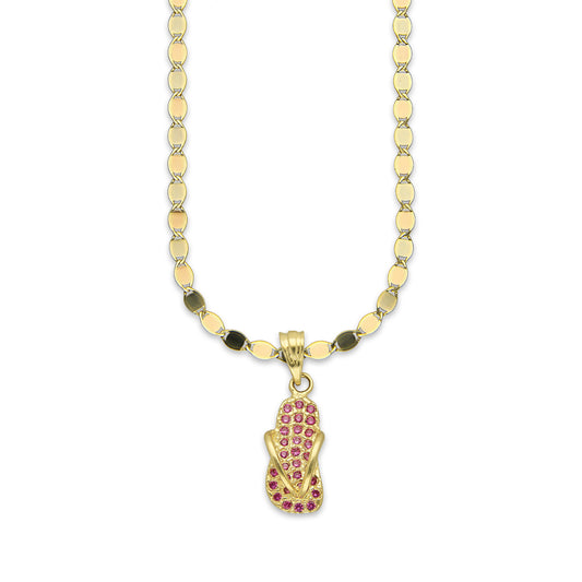 NR14DP061 Cadena Oro Sólido 10K + Dije Oro Sólido 14K Chanclita con Zirconias Rojas .9 cm x 2.5 cm