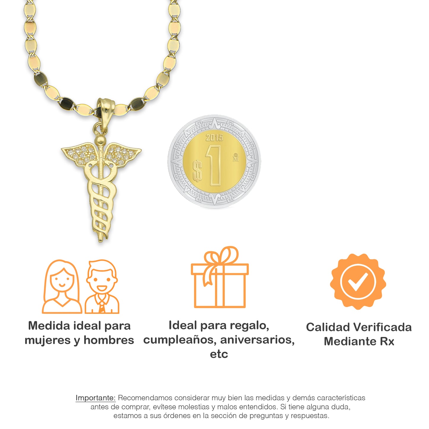 NR14DP062 Cadena Oro Sólido 10K + Dije Oro Sólido 14K Medicina con Zirconias 1.8 cm x 3.3 cm
