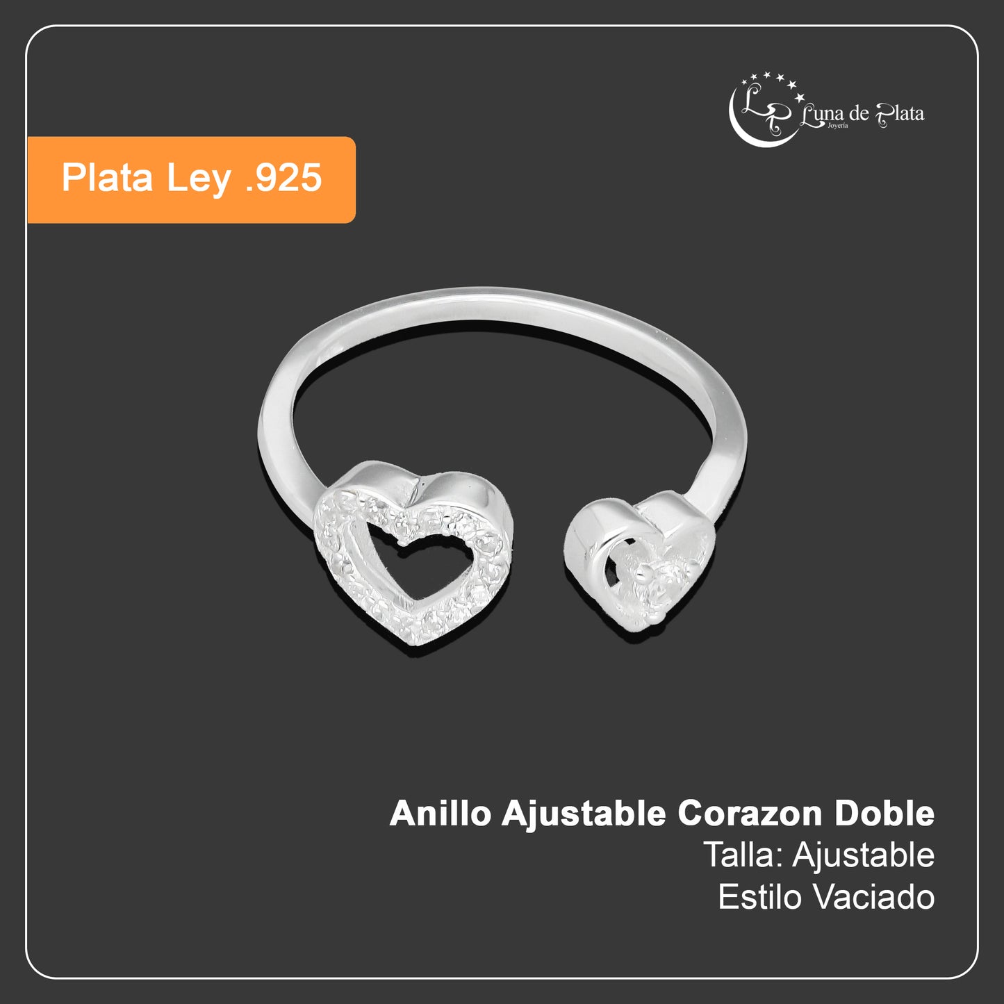 TMPAD013 Anillo Ajustable Corazon Doble en Plata Fina .925