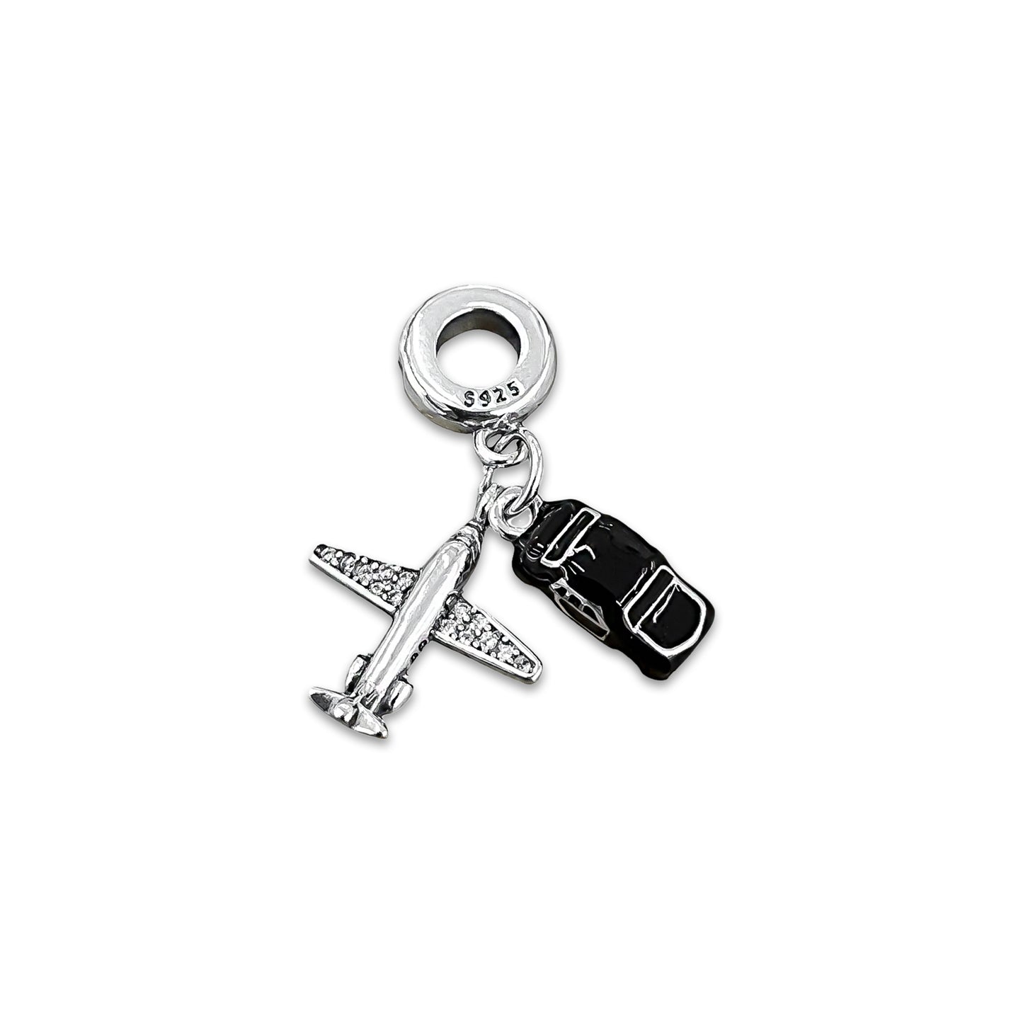 TMPCH009 Dije Charm Pand Avión con Zirconias y Coche Negro en Plata Fina .925