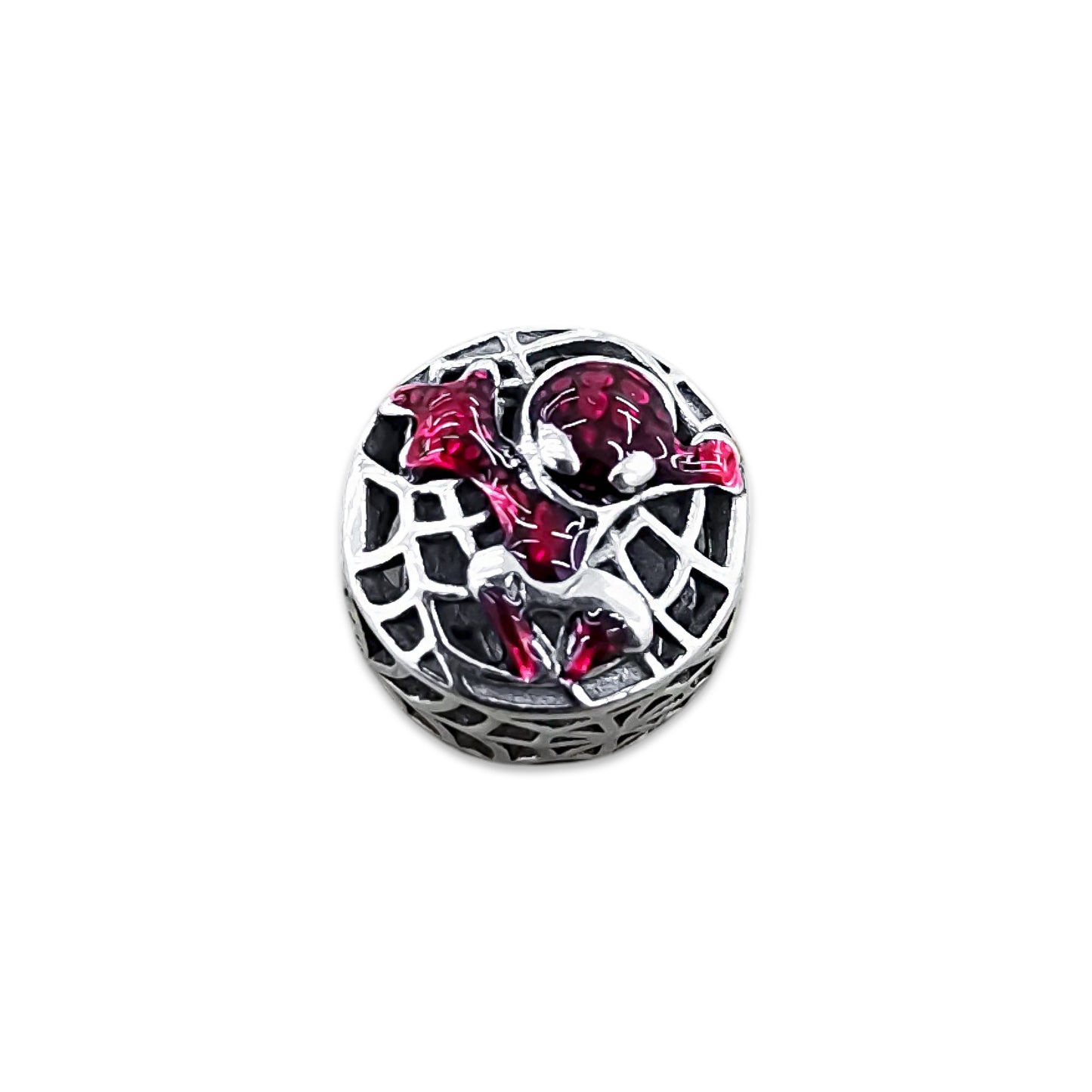 TMPCH053 Dije Charm Pand Círculo Telarañas Spiderman Esmaltado Rojo en Plata Fina .925