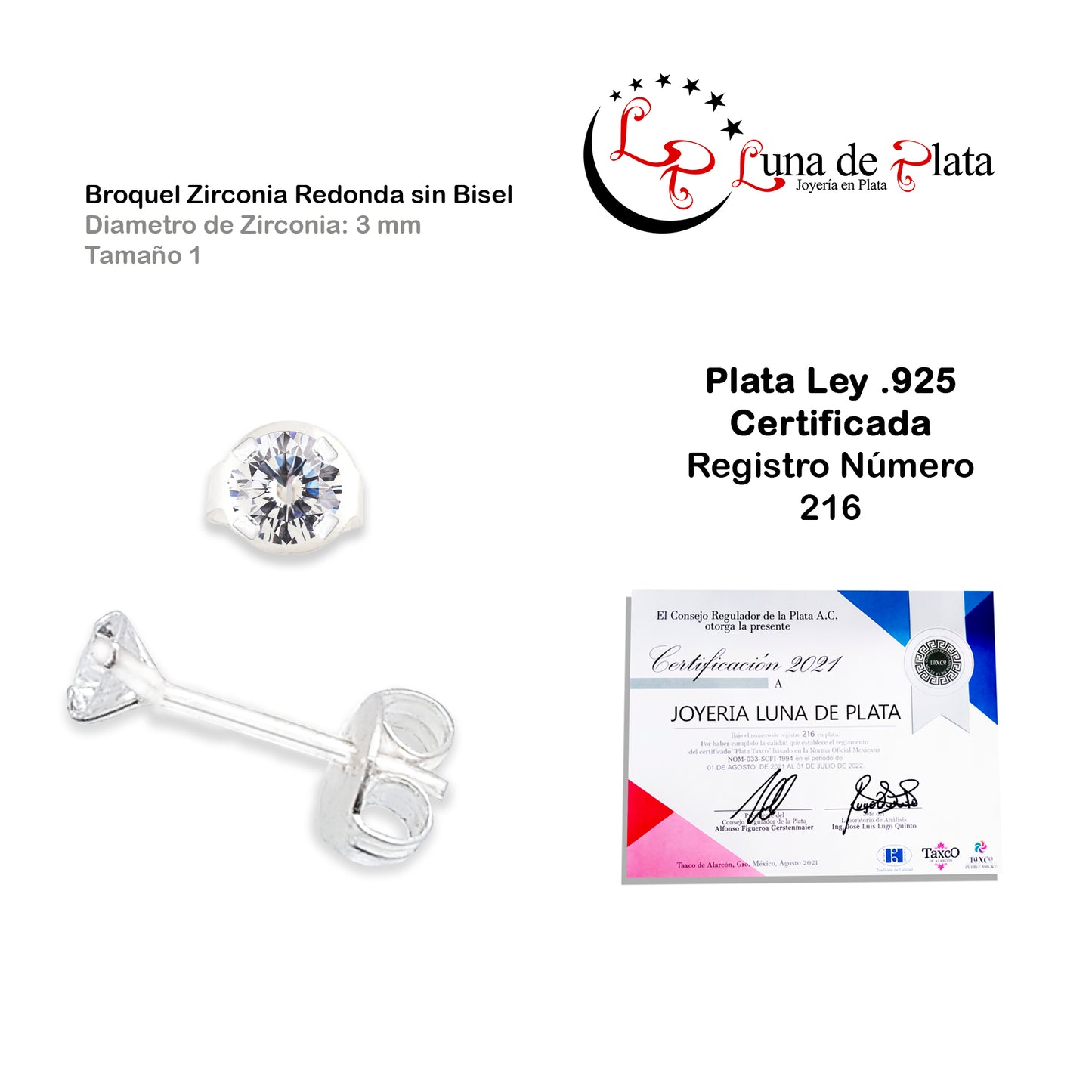 LPAP032 Aretes Broquel Zirconia Red S B 3 mm Tam 1 Plata .925 Taxco 1440098529