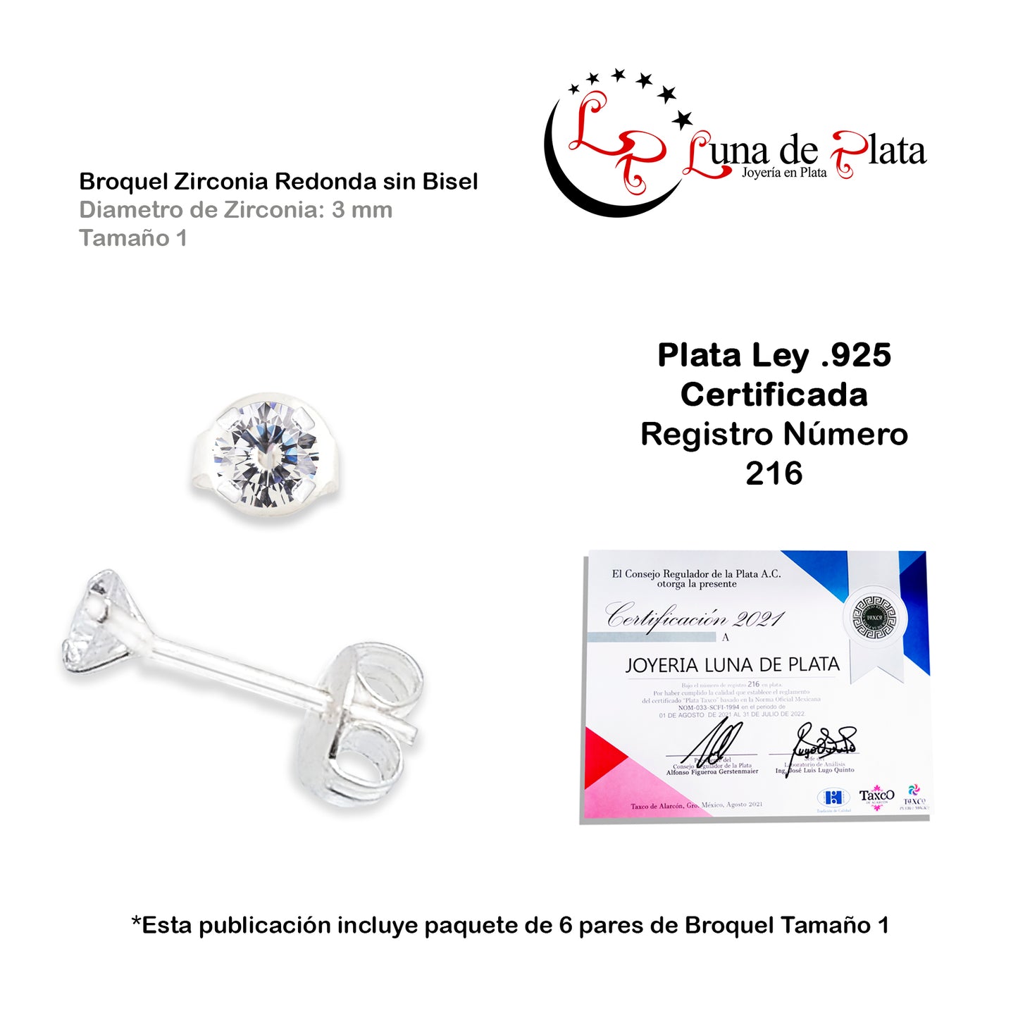 LPAPP001 Aretes Broquel Zirc Pack 6 Pzas Mayoreo Tam 1 3 mm Plata .925 1442201962