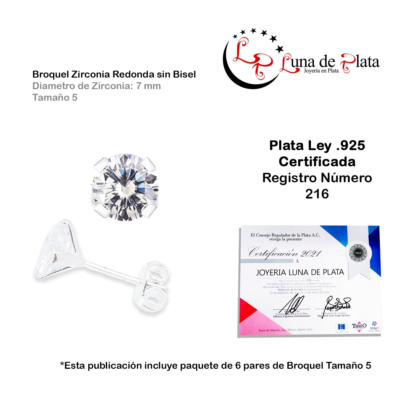 LPAPP005 Aretes Broquel Zirc Pack 6 Pzas Mayoreo Tam 5 7 mm Plata .925 1442191365