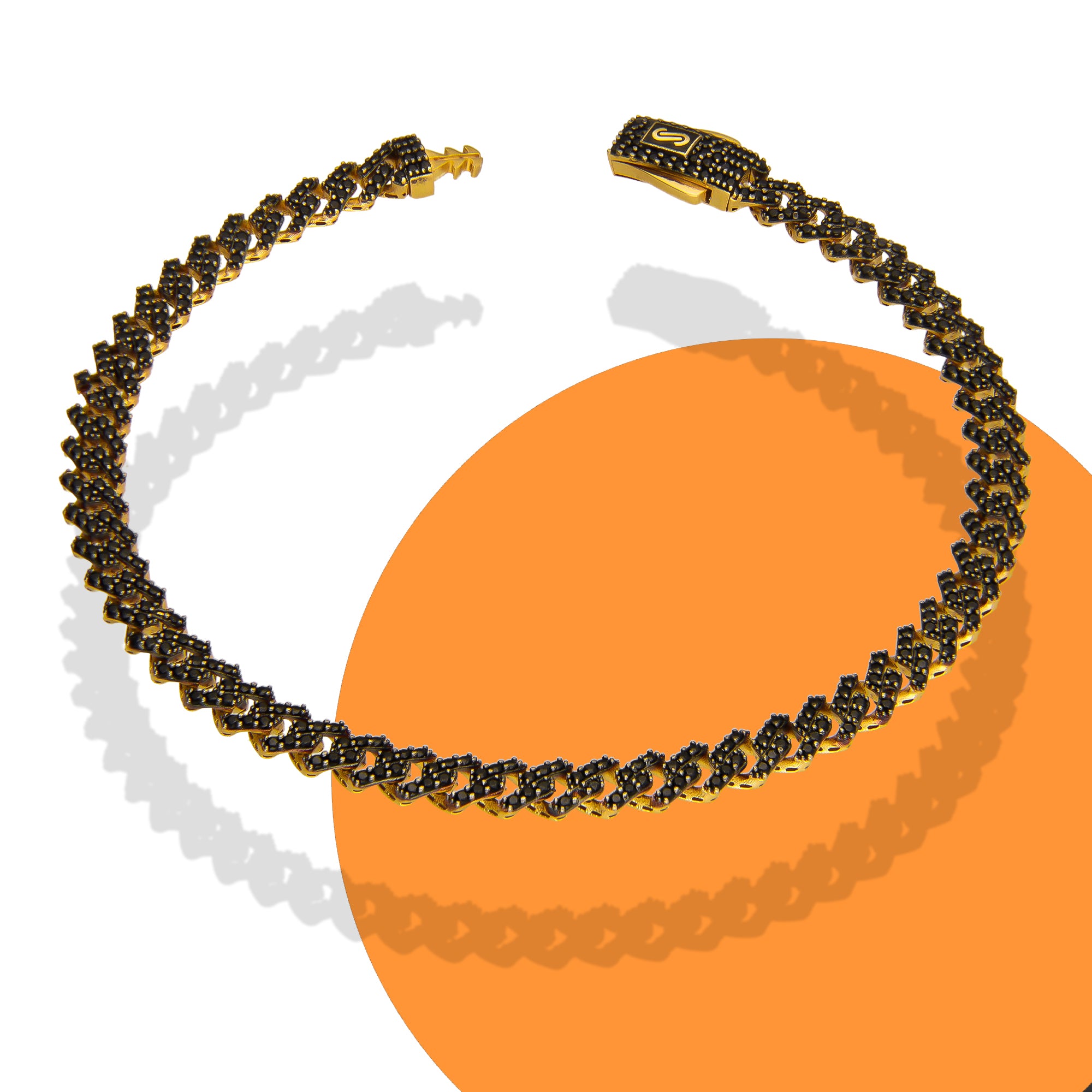 DG14PC001 Pulsera Para Caballero Oro Sólido 14K Mónaco Chain Mod Hexágono Zirc Negras 5 mm x 21 cm