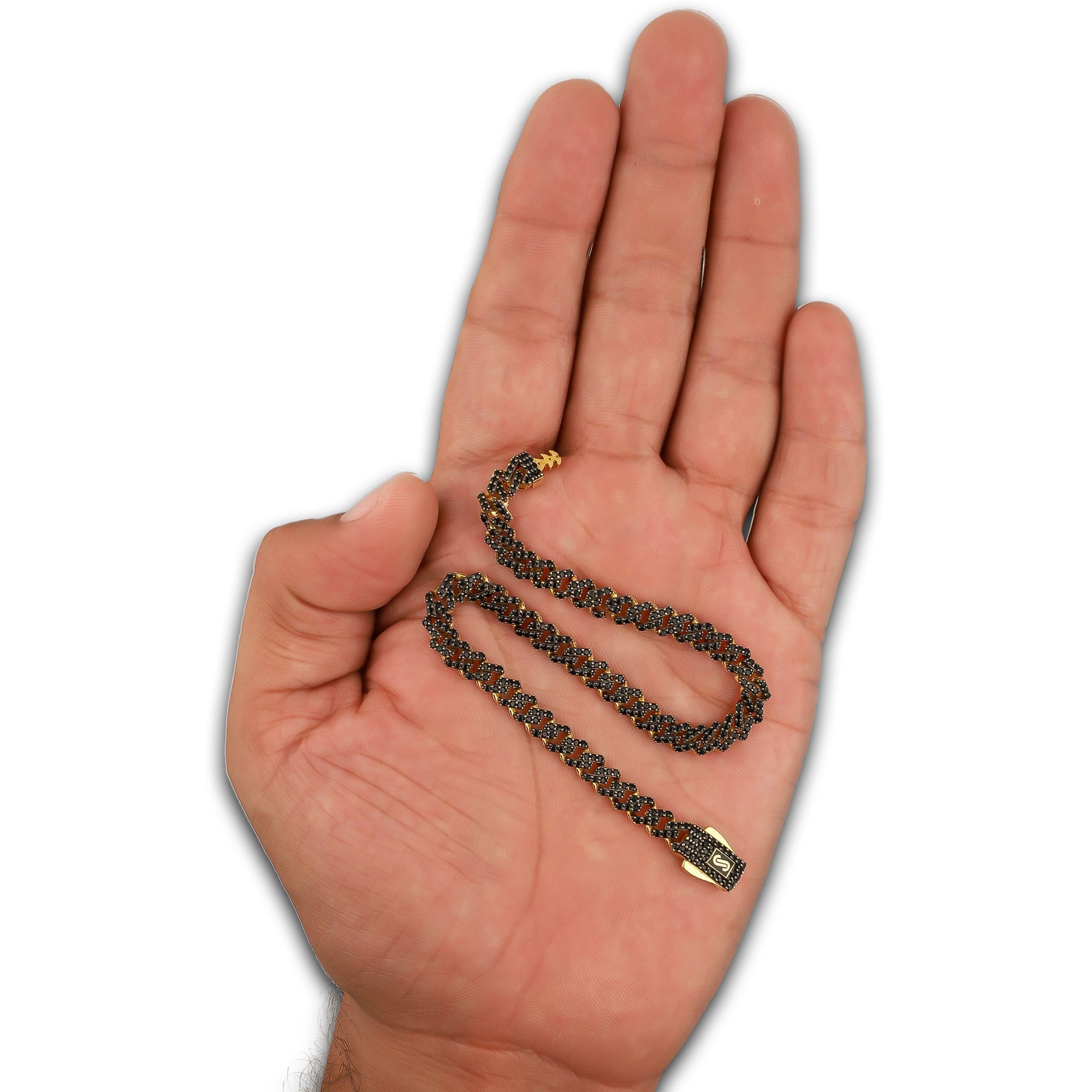 DG14PC001 Pulsera Para Caballero Oro Sólido 14K Mónaco Chain Mod Hexágono Zirc Negras 5 mm x 21 cm