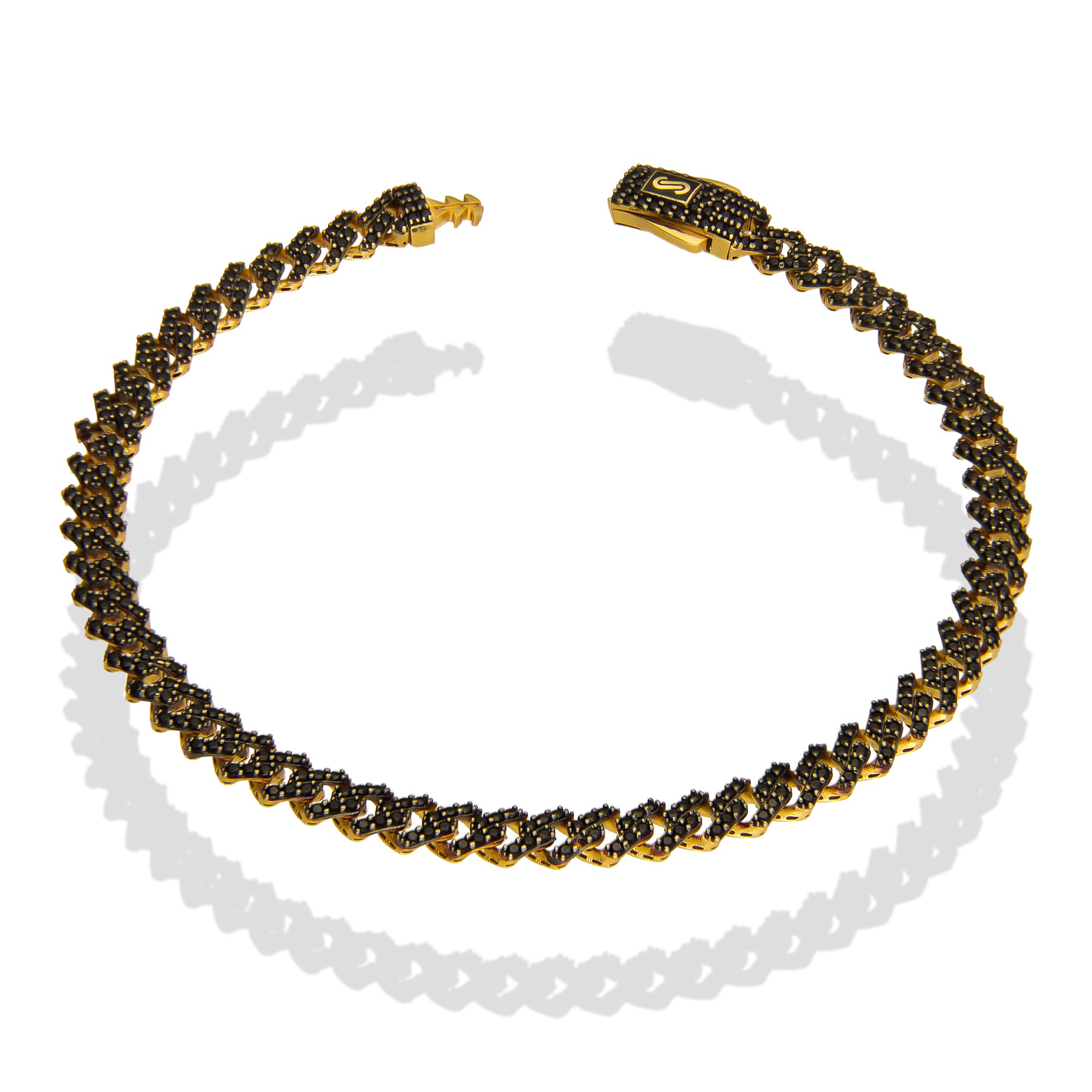 DG14PC001 Pulsera Para Caballero Oro Sólido 14K Mónaco Chain Mod Hexágono Zirc Negras 5 mm x 21 cm