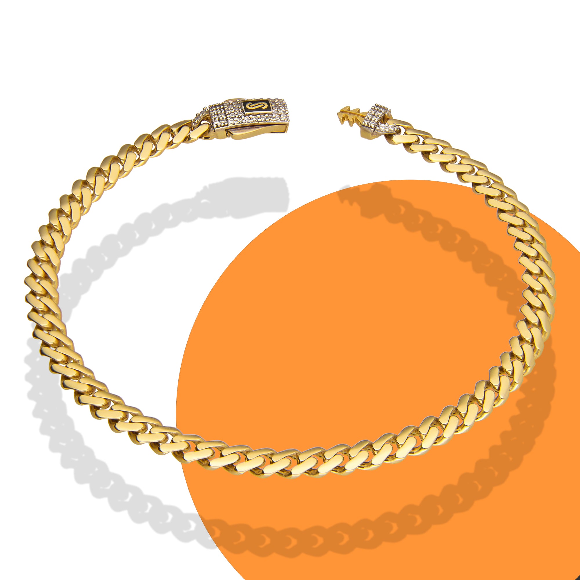 DG14PC004 Pulsera Para Caballero Oro Sólido 14K Mónaco Chain Mod 1x0 Lisa Broche Zirc 5 mm x 21 cm