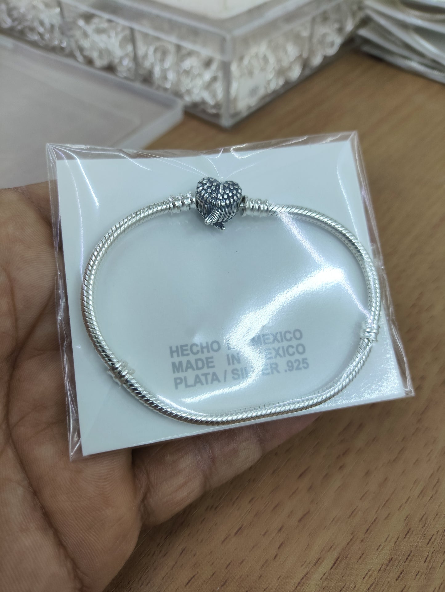 TMPPD009-19 Pulsera Dama Pand Corazón con Alas 19 cm en Plata Fina .925