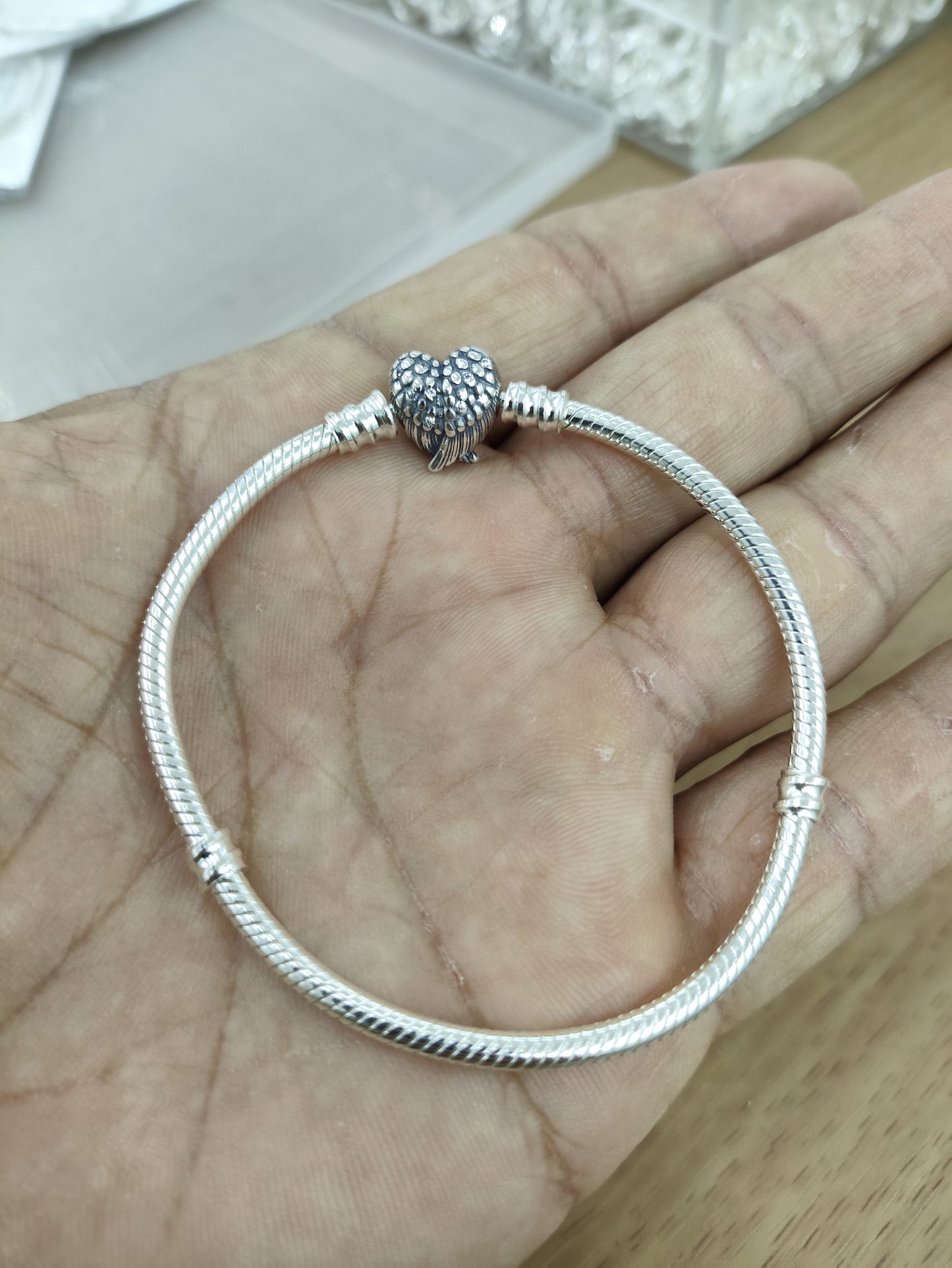 TMPPD009-19 Pulsera Dama Pand Corazón con Alas 19 cm en Plata Fina .925