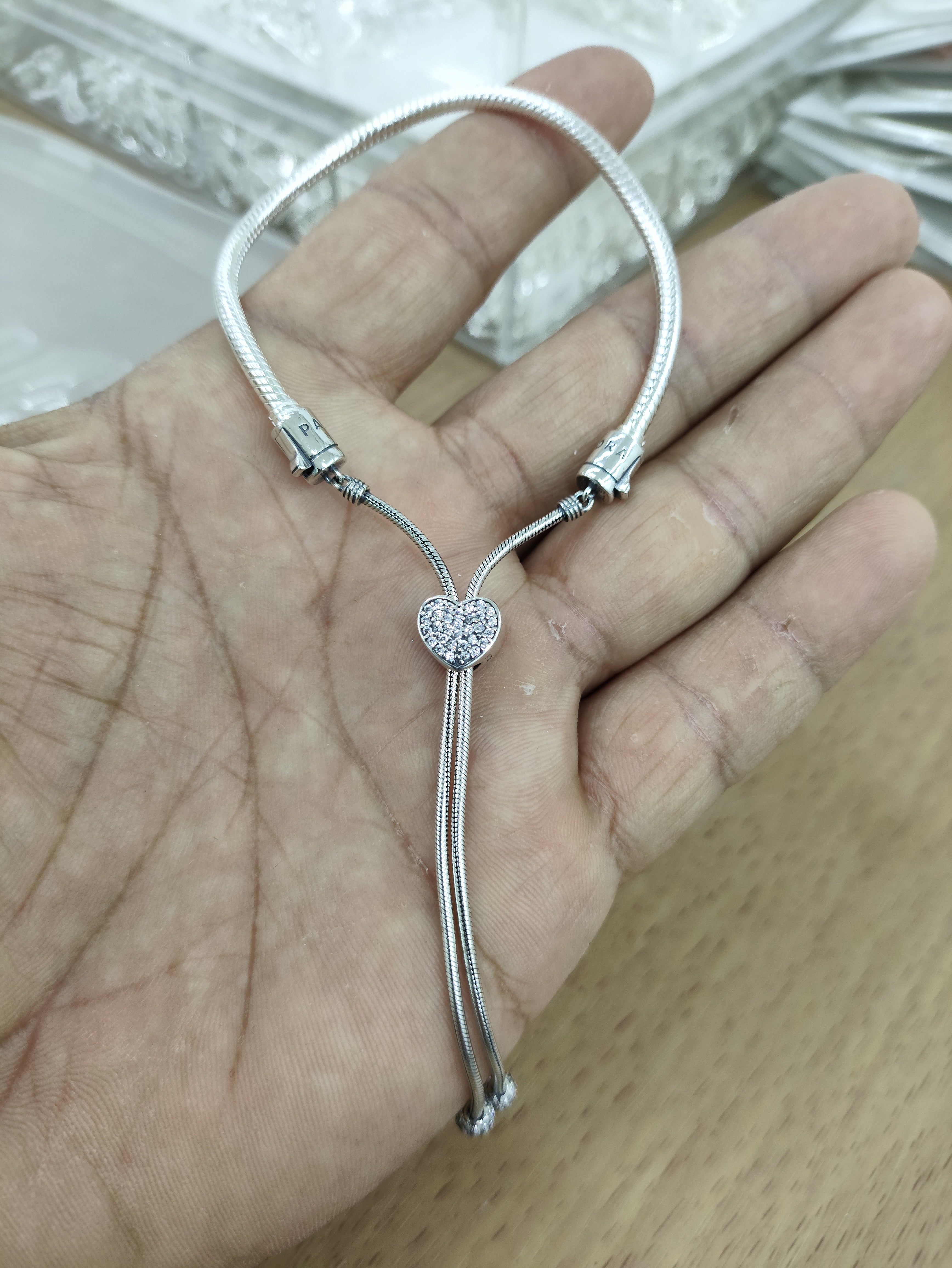 TMPPD017 Pulsera Dama Pand Corazón con Zirconias Blancas Ajustable en Plata Fina .925