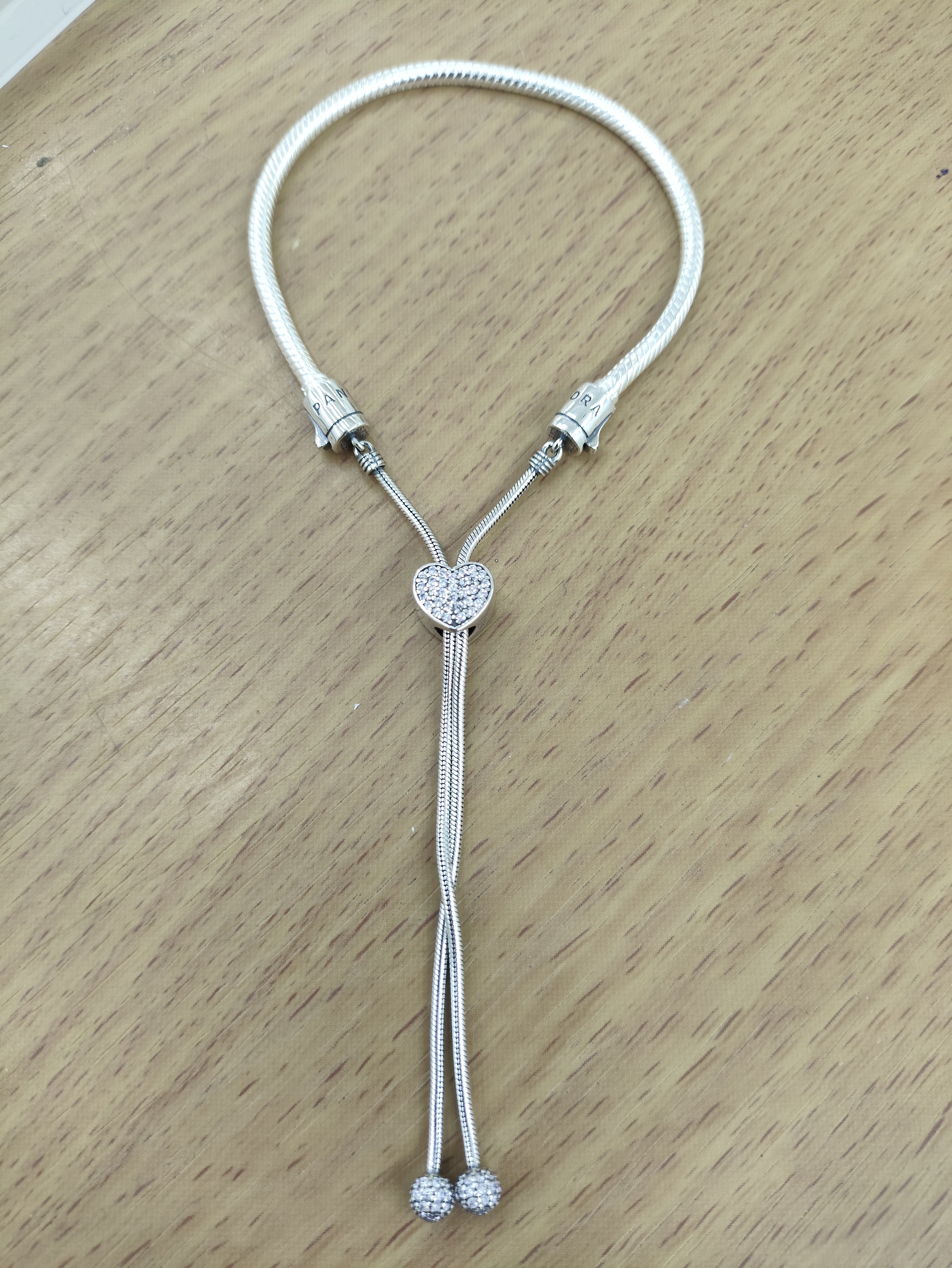 TMPPD017 Pulsera Dama Pand Corazón con Zirconias Blancas Ajustable en Plata Fina .925