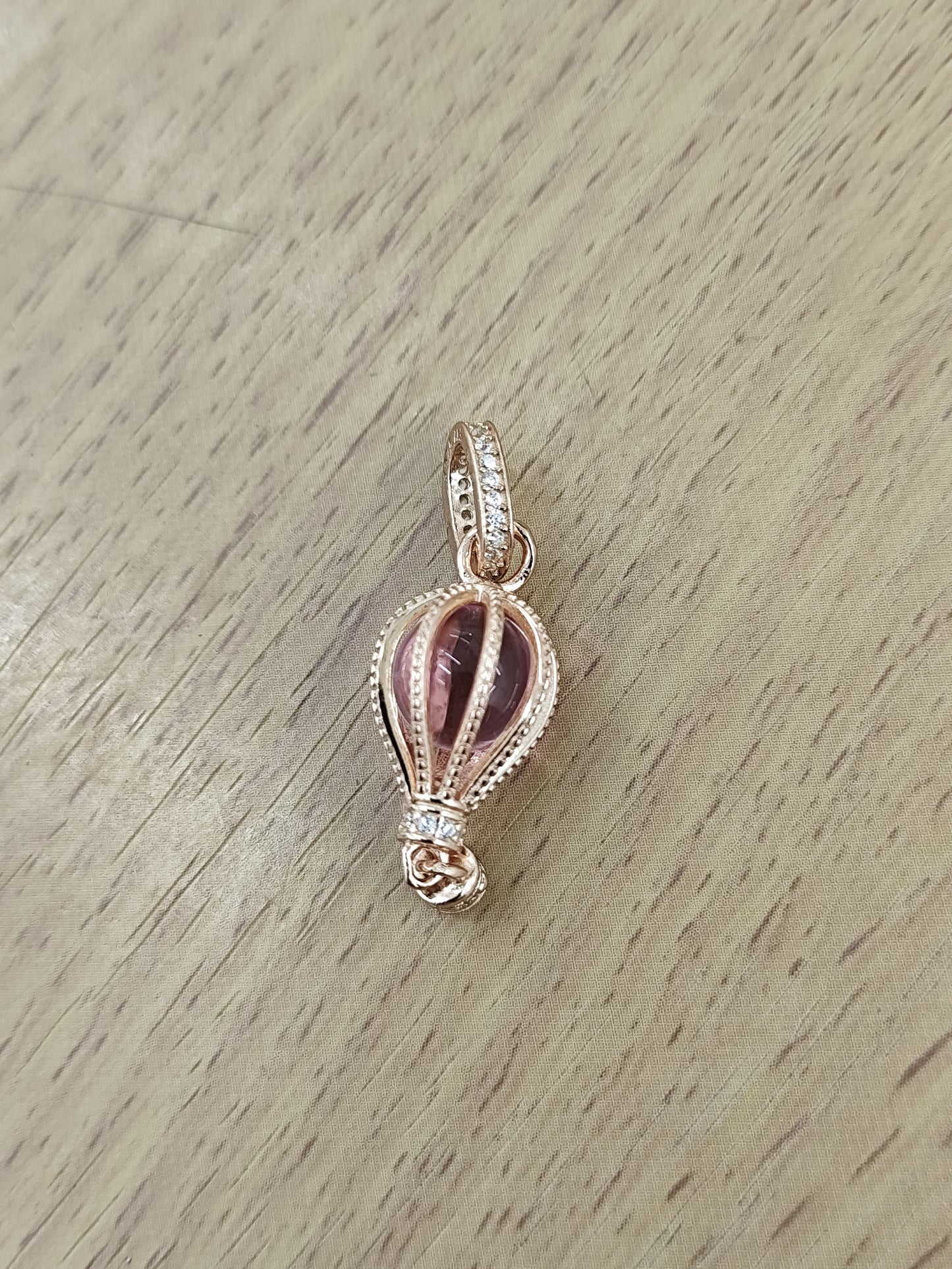 TMPCH021 Dije Charm Pand Globo Plata Rosa Piedra Redonda Rosa en Plata Fina .925