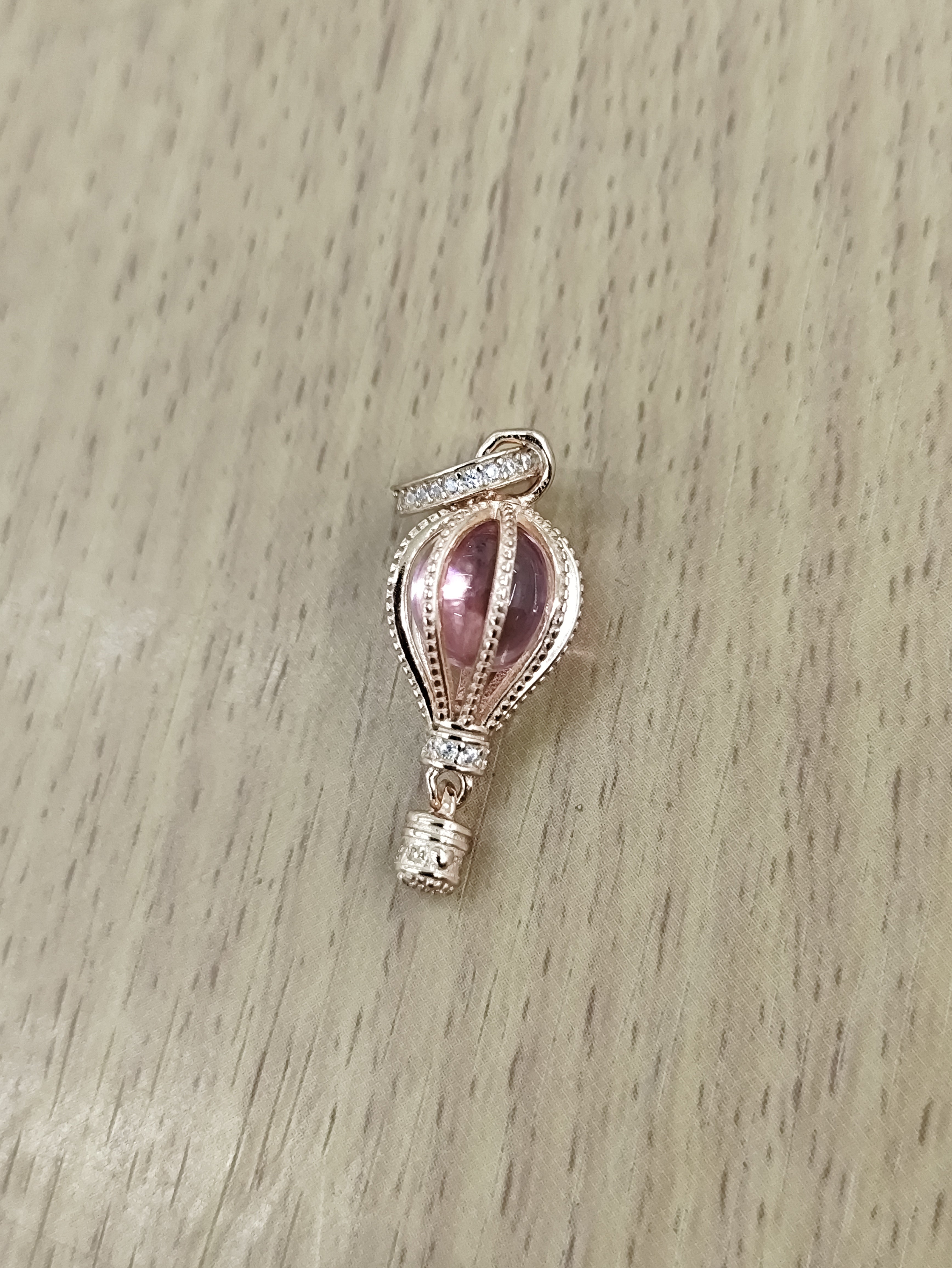 TMPCH021 Dije Charm Pand Globo Plata Rosa Piedra Redonda Rosa en Plata Fina .925