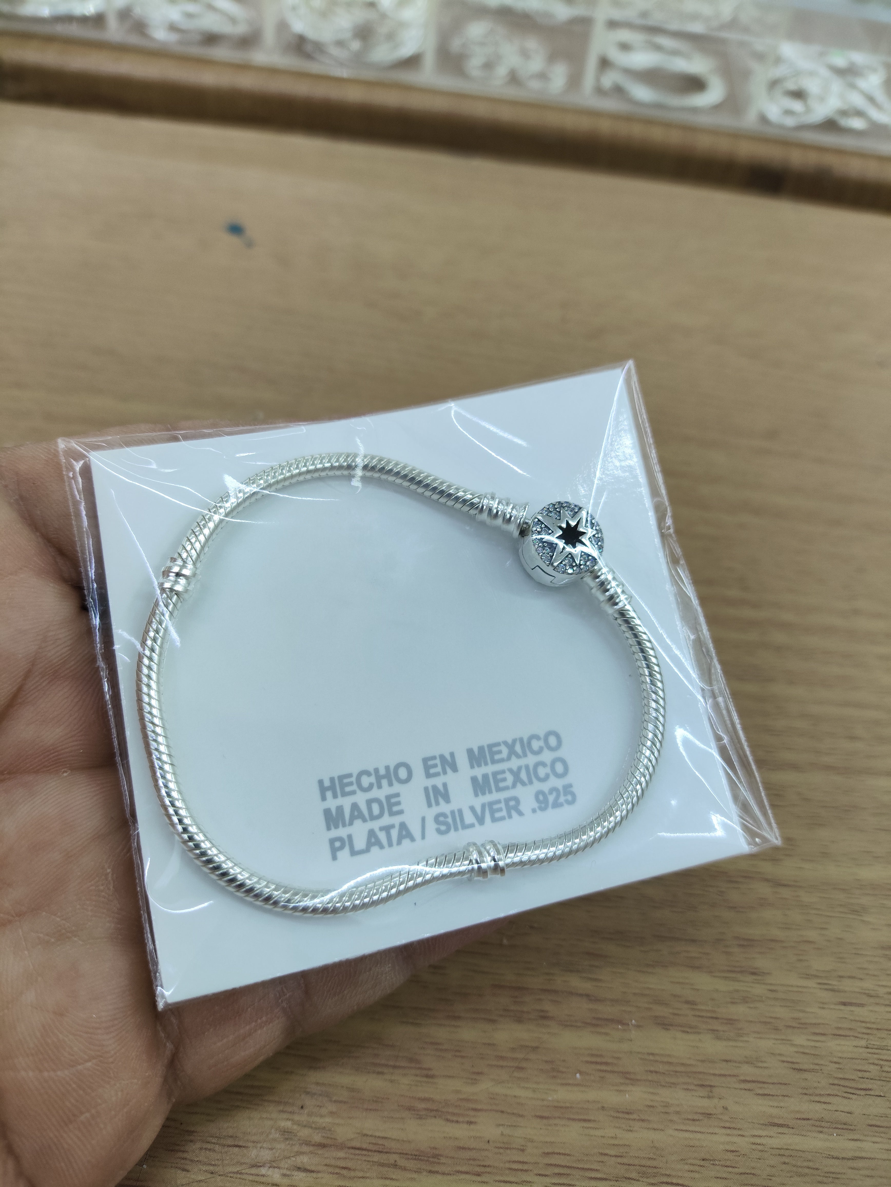 TMPPD018-17 Pulsera Dama Pand Círculo Estrella Centro Negro 17 cm en Plata Fina .925