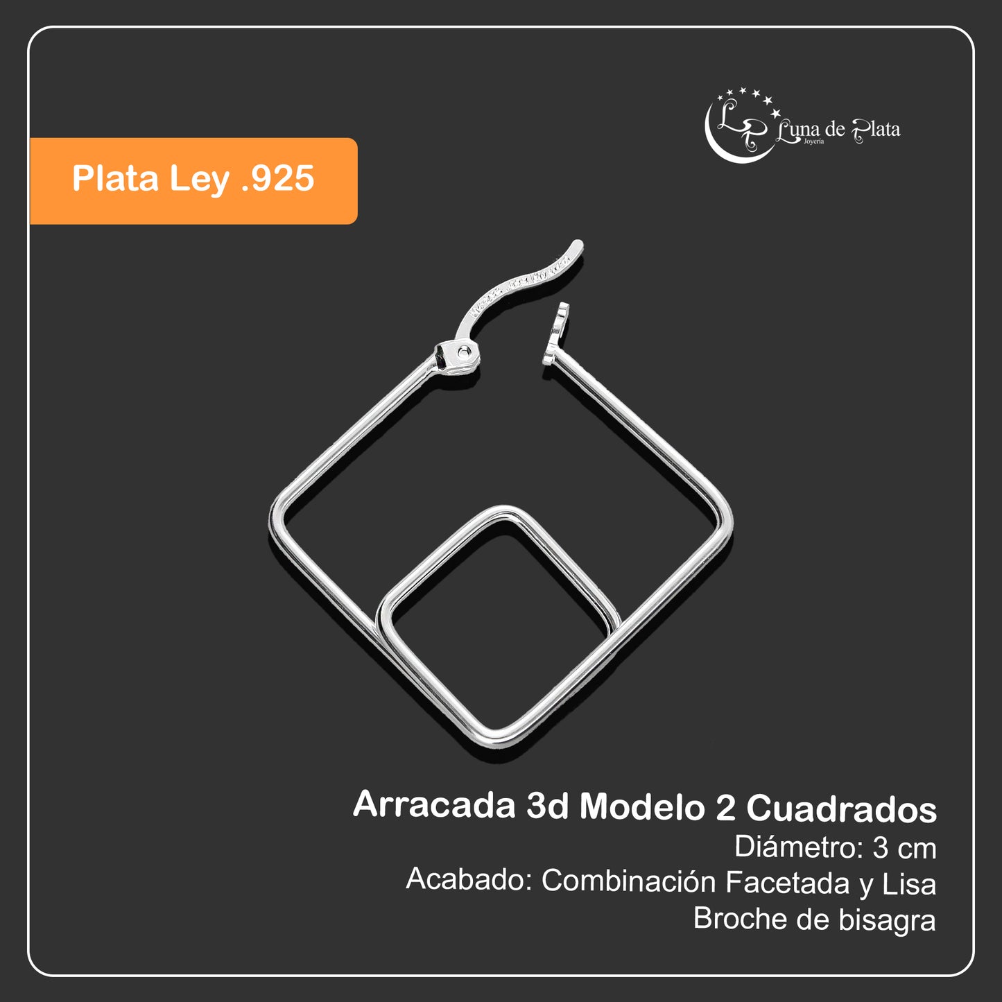 LPA3D016 Arracada 3d Modelo 2 Cuadrado Facetado Plata .925 Taxco Gro 3026192280