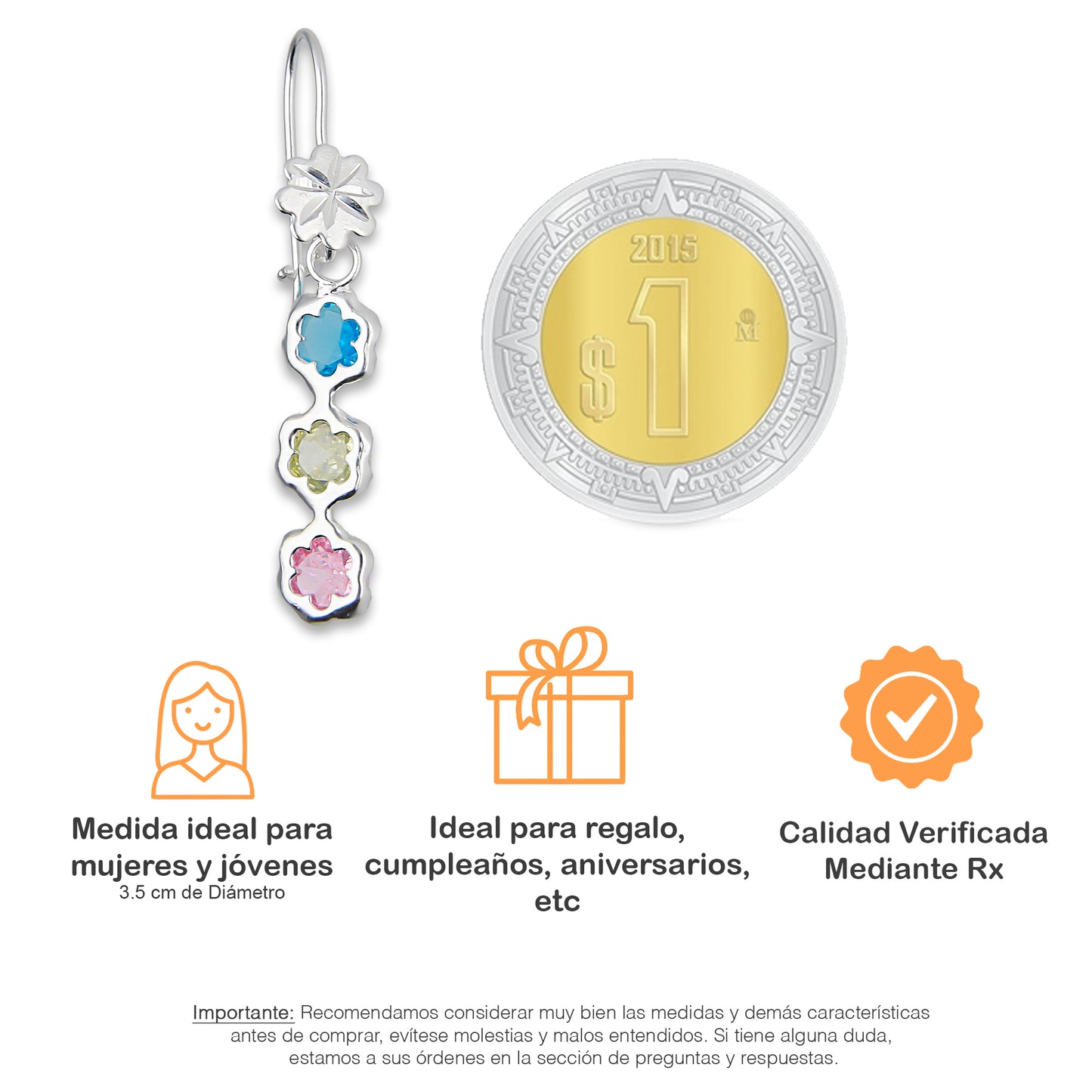 LPAA011 Aretes De Arillo Dama Eslabones Flor Multicolor en Plata .925 MLM5165650114