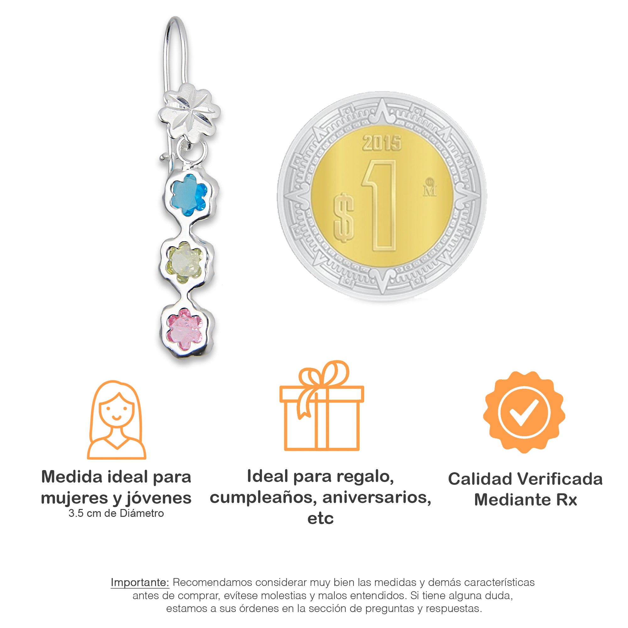 LPAA011 Aretes De Arillo Dama Eslabones Flor Multicolor en Plata .925 MLM5165650114