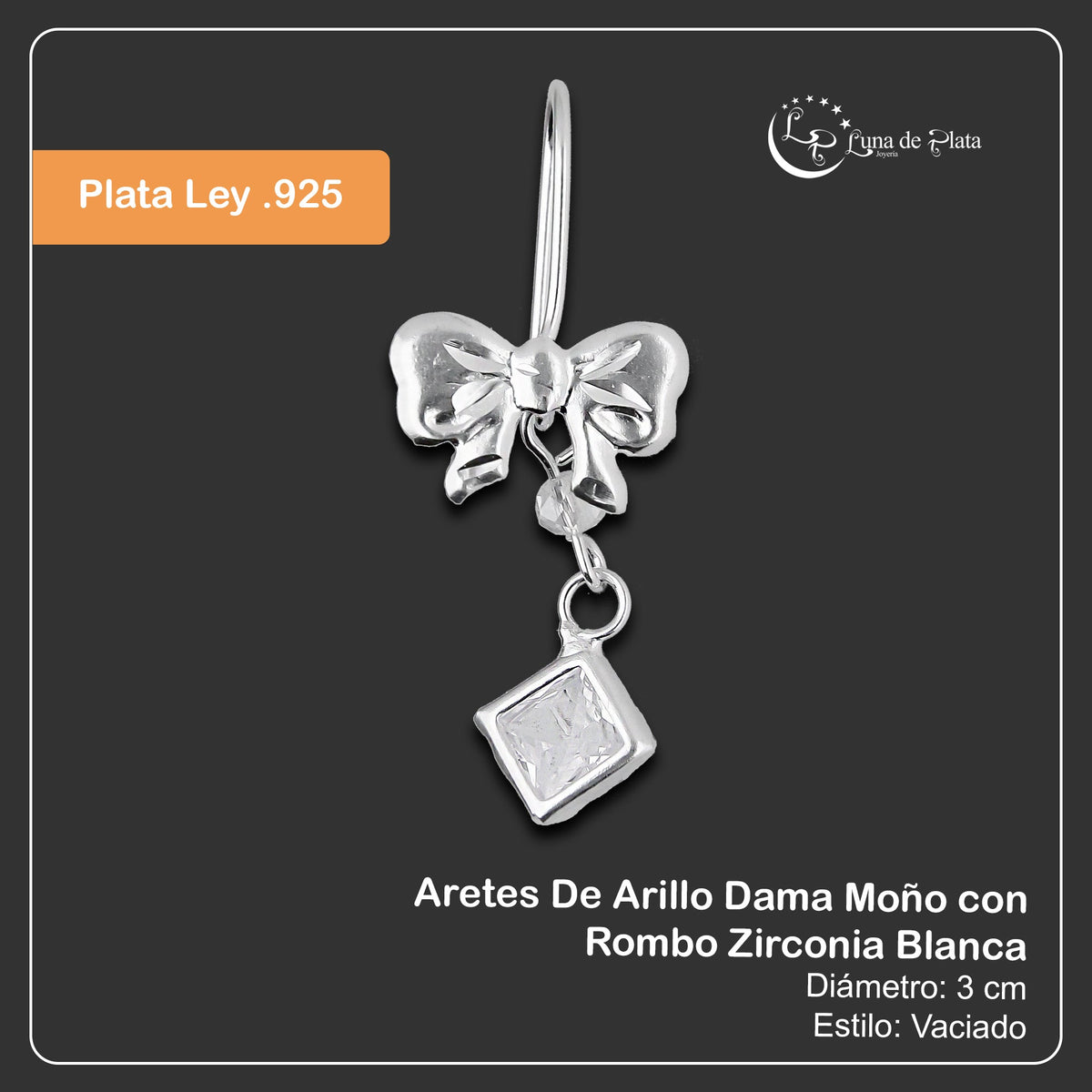 LPAA016 Aretes De Arillo Dama Moño con Rombo Zirconia Blanca en Plata .925 MLM5165619100