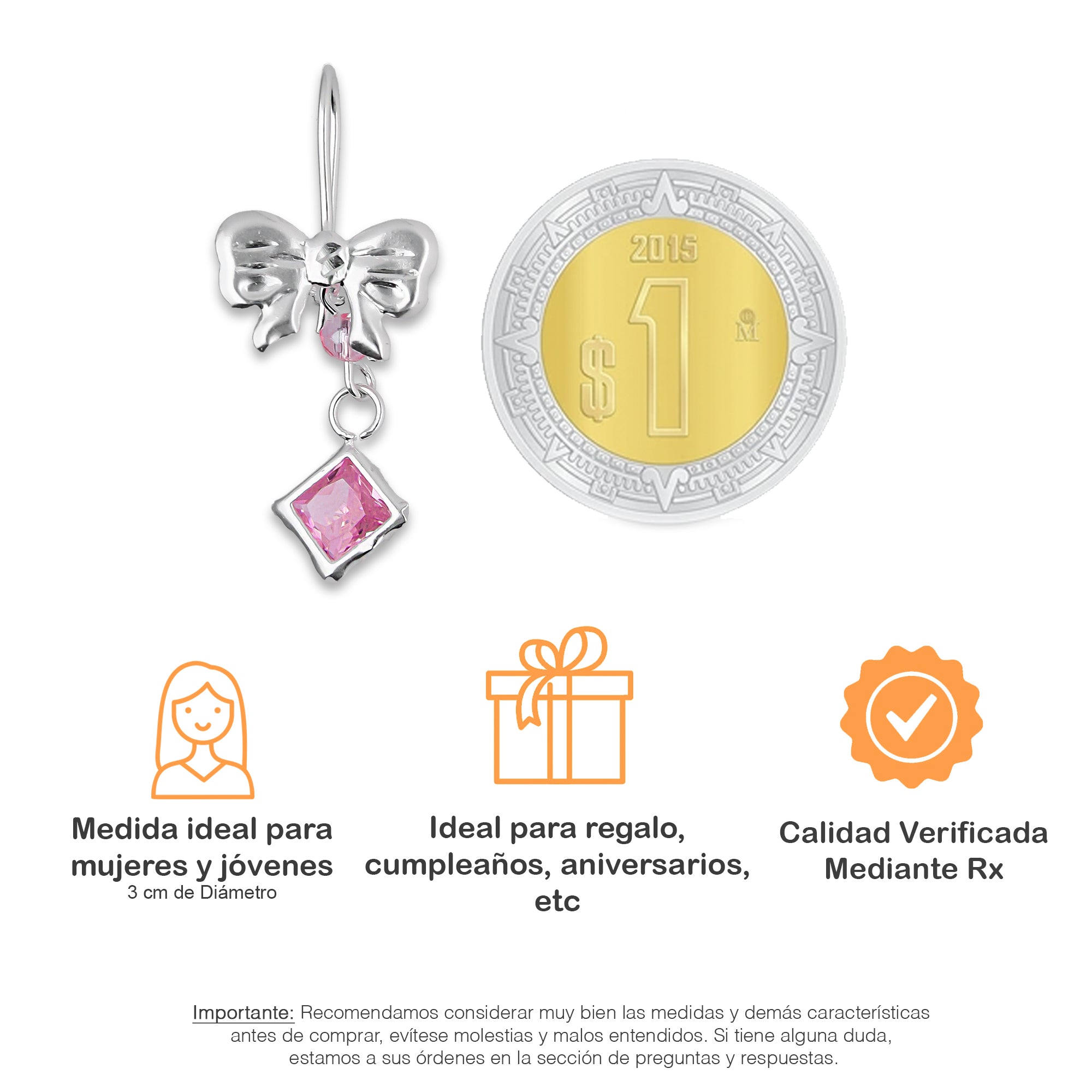 LPAA017 Aretes De Arillo Dama Moño con Rombo Zirconia Rosa en Plata .925 MLM5165630132