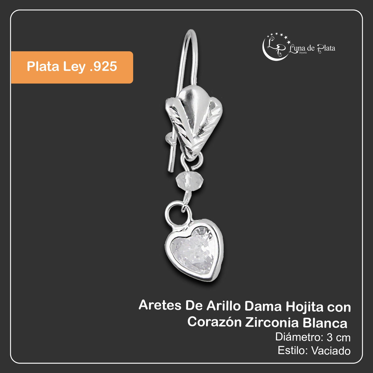 LPAA018 Aretes De Arillo Dama Hojita con Corazón Zirconia Blanca en Plata .925 MLM5165619194