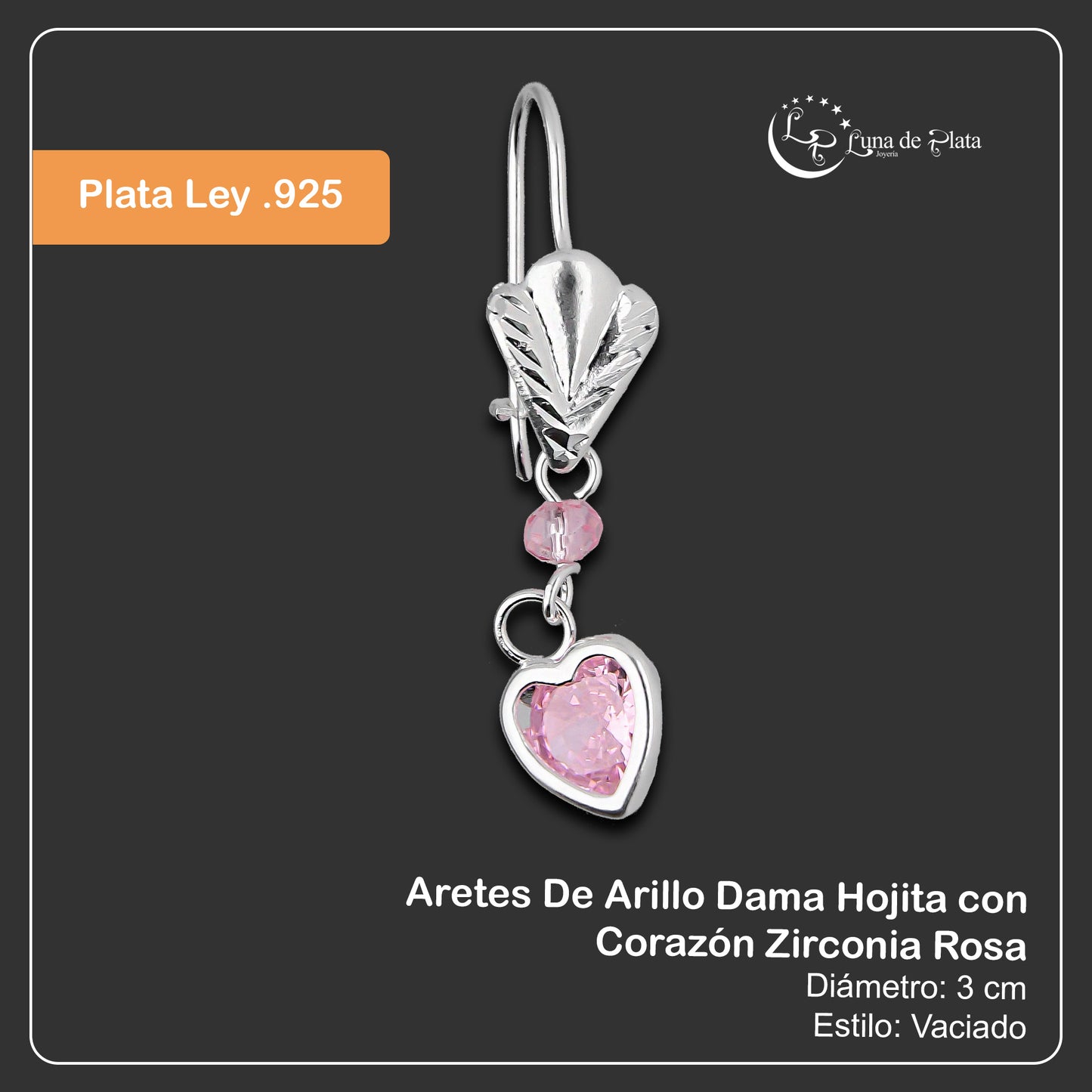 LPAA019 Aretes De Arillo Dama Hojita con Corazón Zirconia Rosa en Plata .925 MLM5165649908